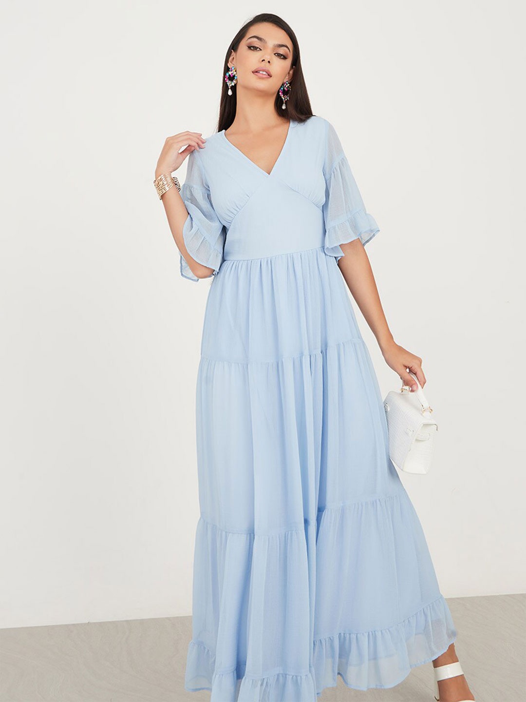 

Styli Flared Sleeve Fit and Flare Maxi Dress, Blue