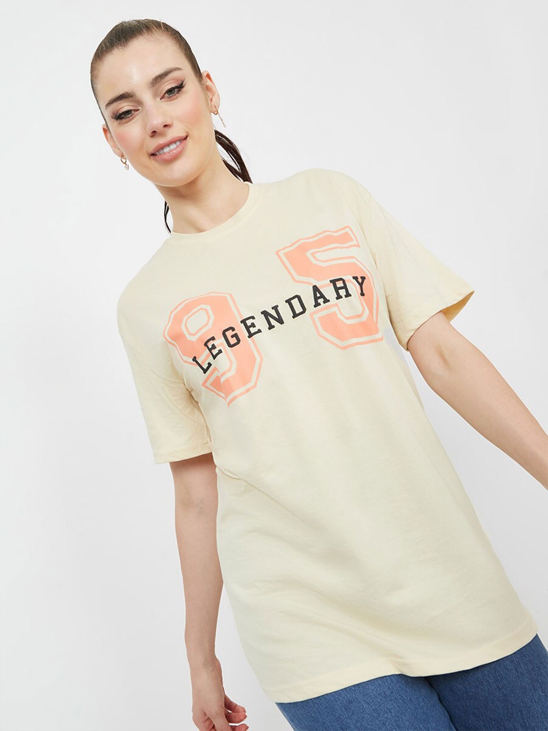 

Styli Legendary 95 Alphanumeric Print Oversized Longline T-shirt, Cream