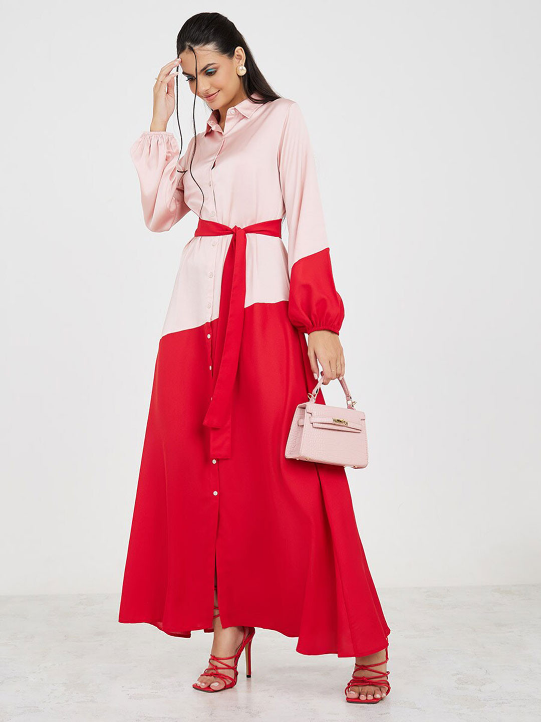 

Styli Colourblocked Shirt Style Maxi Dress, Pink