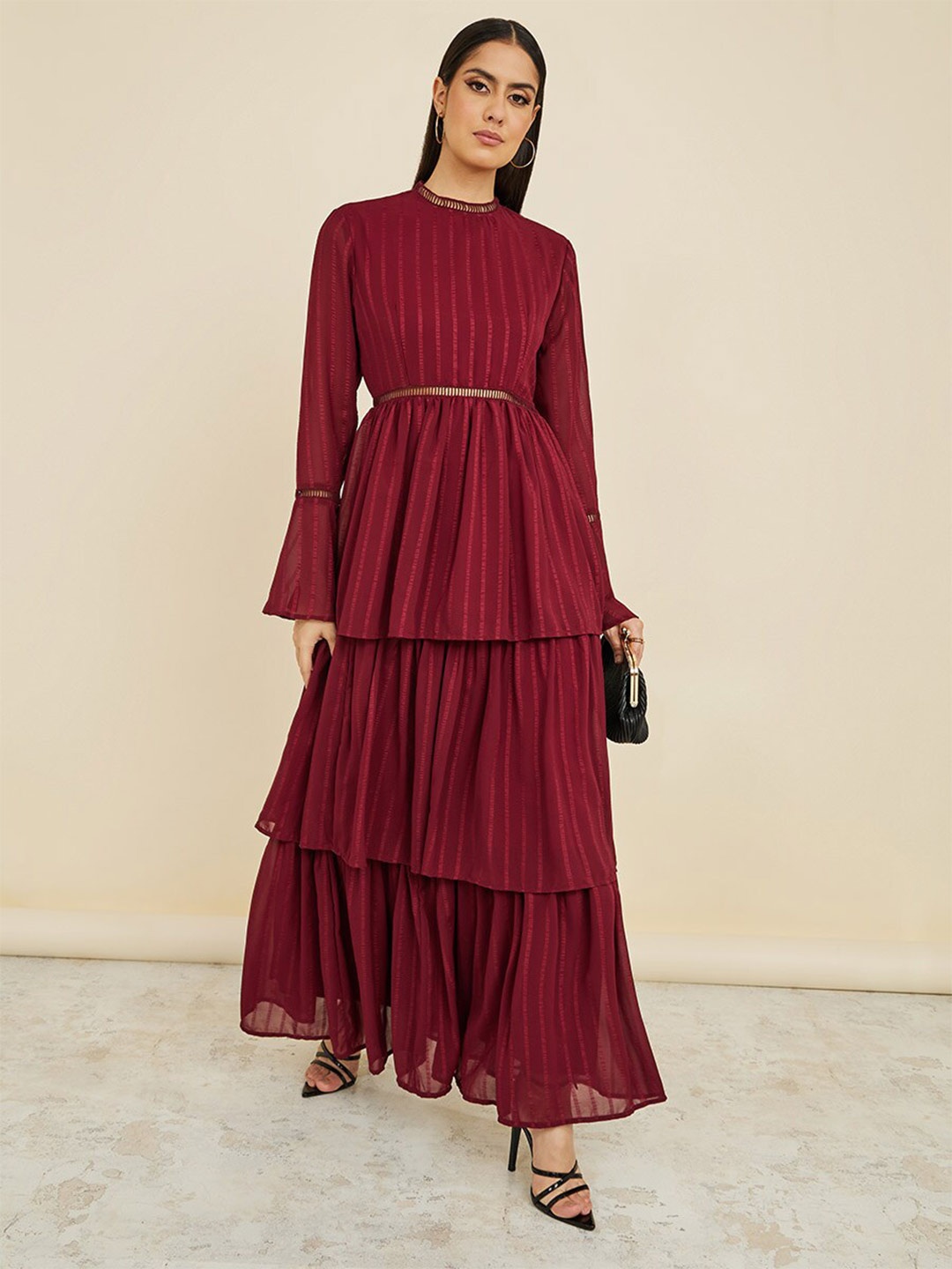 

Styli Bell Sleeves Textured Layered Maxi Dress, Maroon
