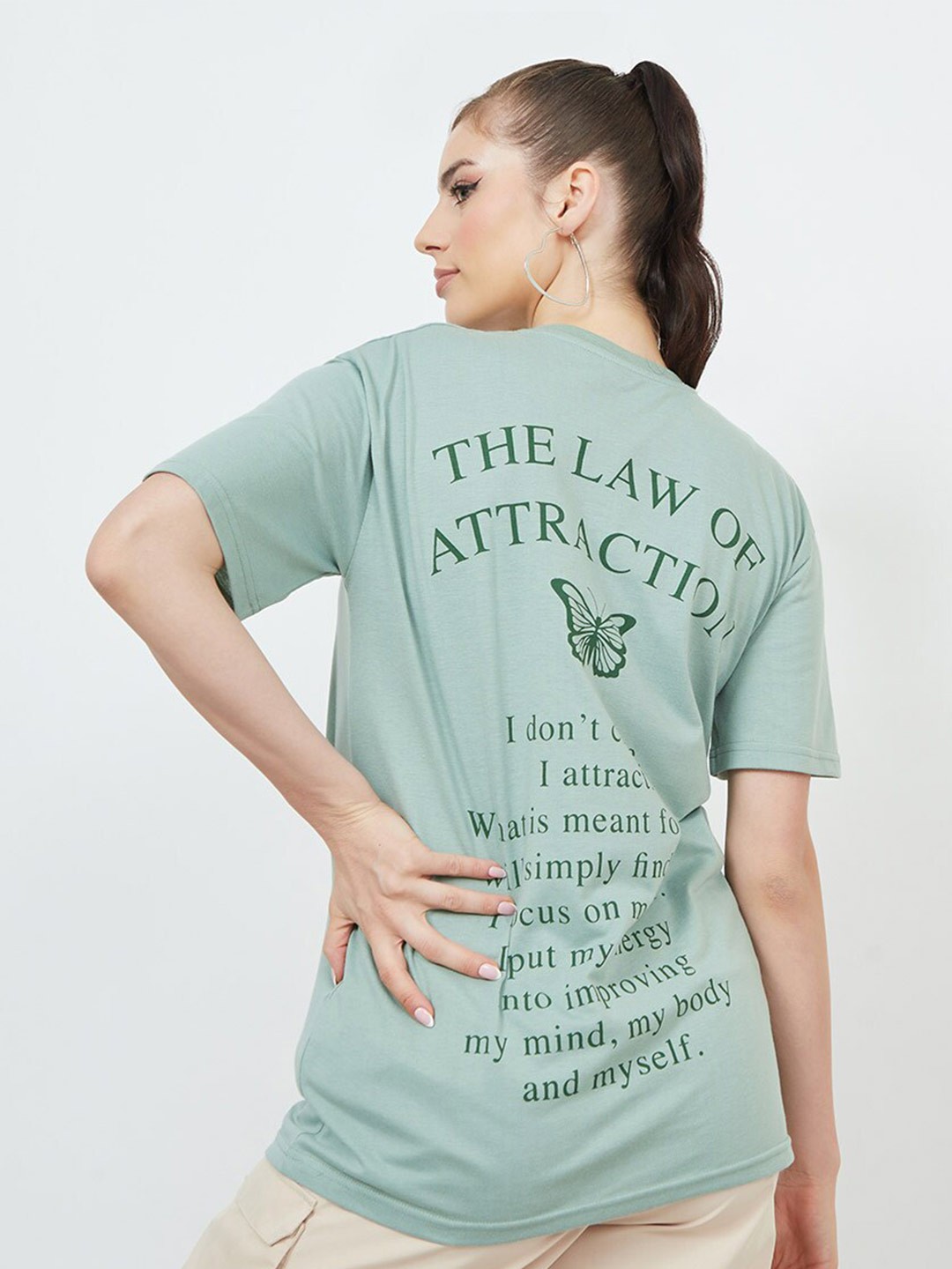 

Styli Oversized Law Of Attraction Back Slogan T-Shirt, Green
