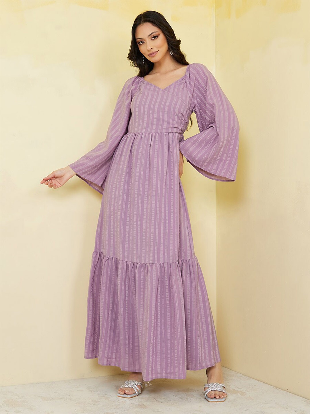 

Styli V-Neck Striped Flared Sleeve Maxi Dress, Purple