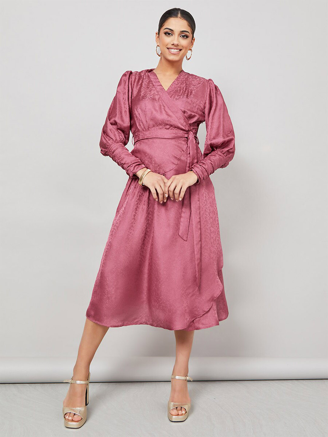 

Styli Floral Jacquard V-Neck Leg-O-Mutton Sleeves Wrap Midi Dress, Pink