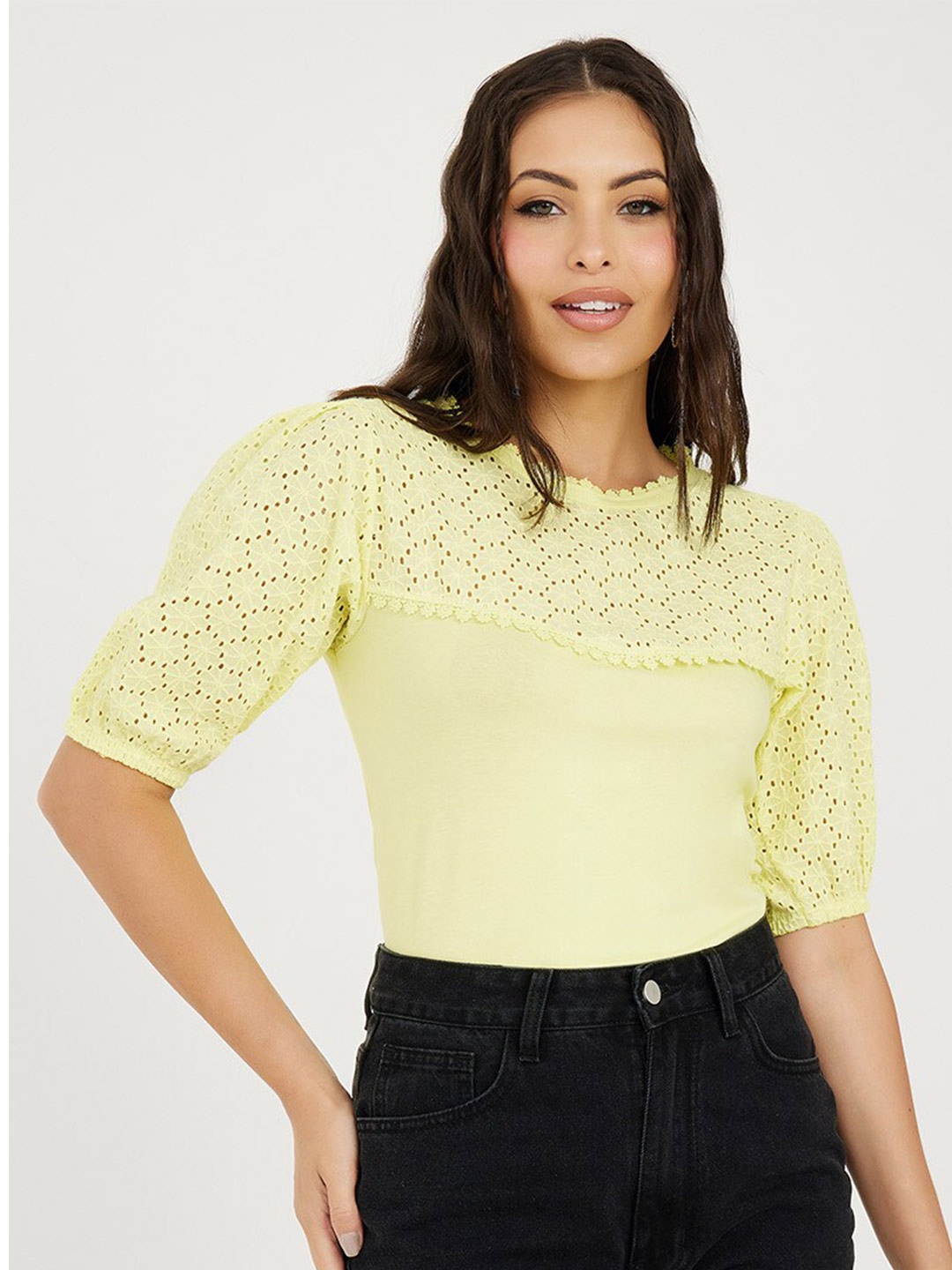 

Styli Schiffli Yoke Cuffed Sleeve T-Shirt, Yellow