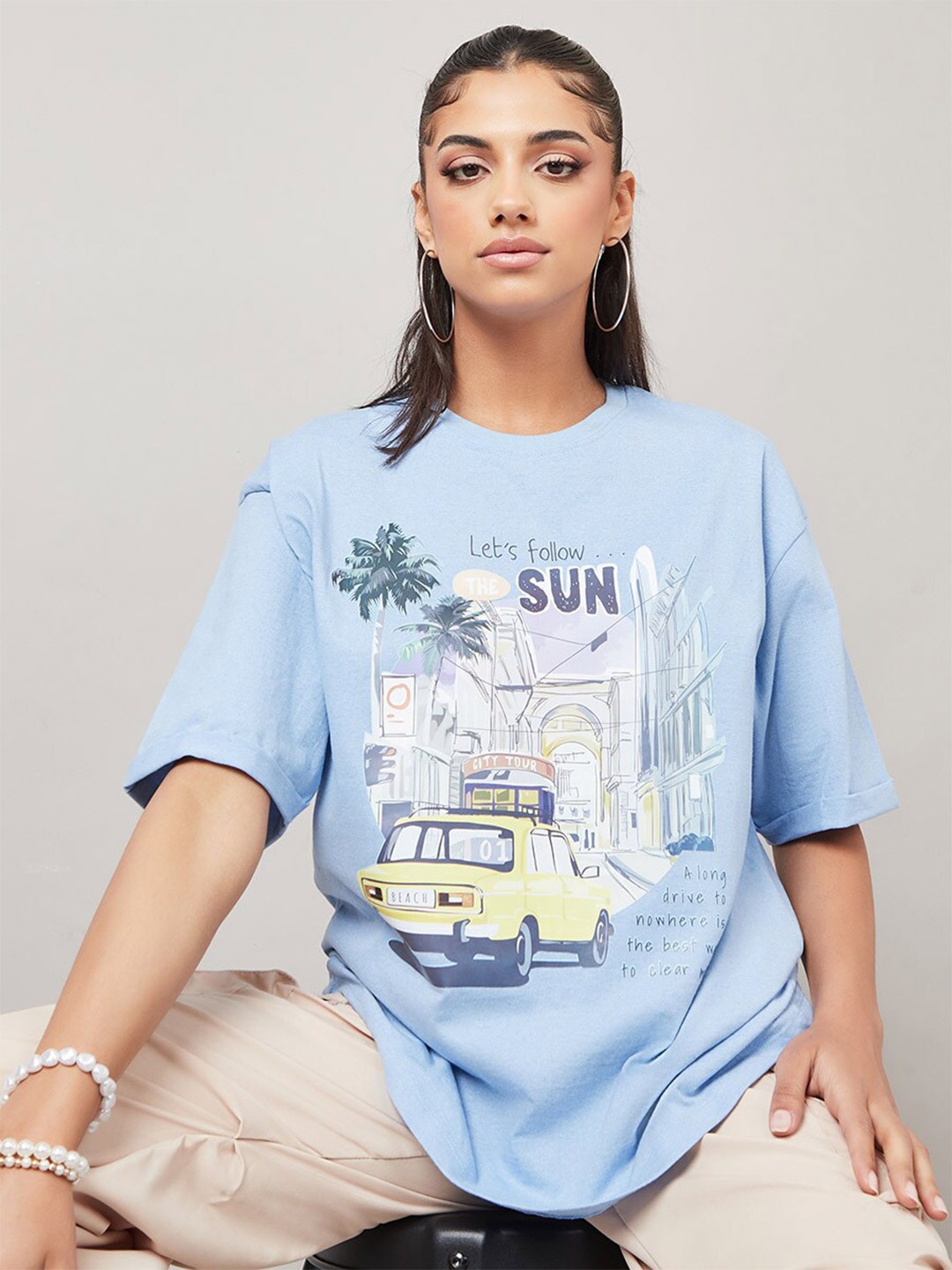 Styli Follow The Sun Printed Rolled Sleeve Oversized T-Shirt, Blue