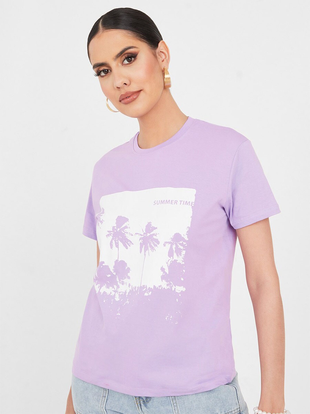 

Styli Tropical Printed Cotton Regular Fit T-shirt, Purple