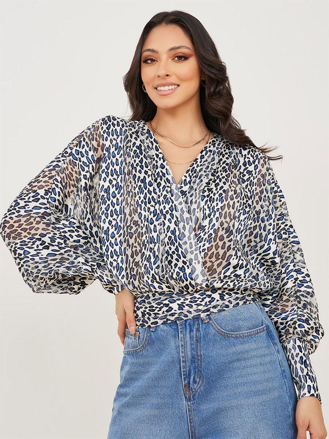 

Styli Animal Printed Puff Sleeves Semi-Sheer Blouson Top, White