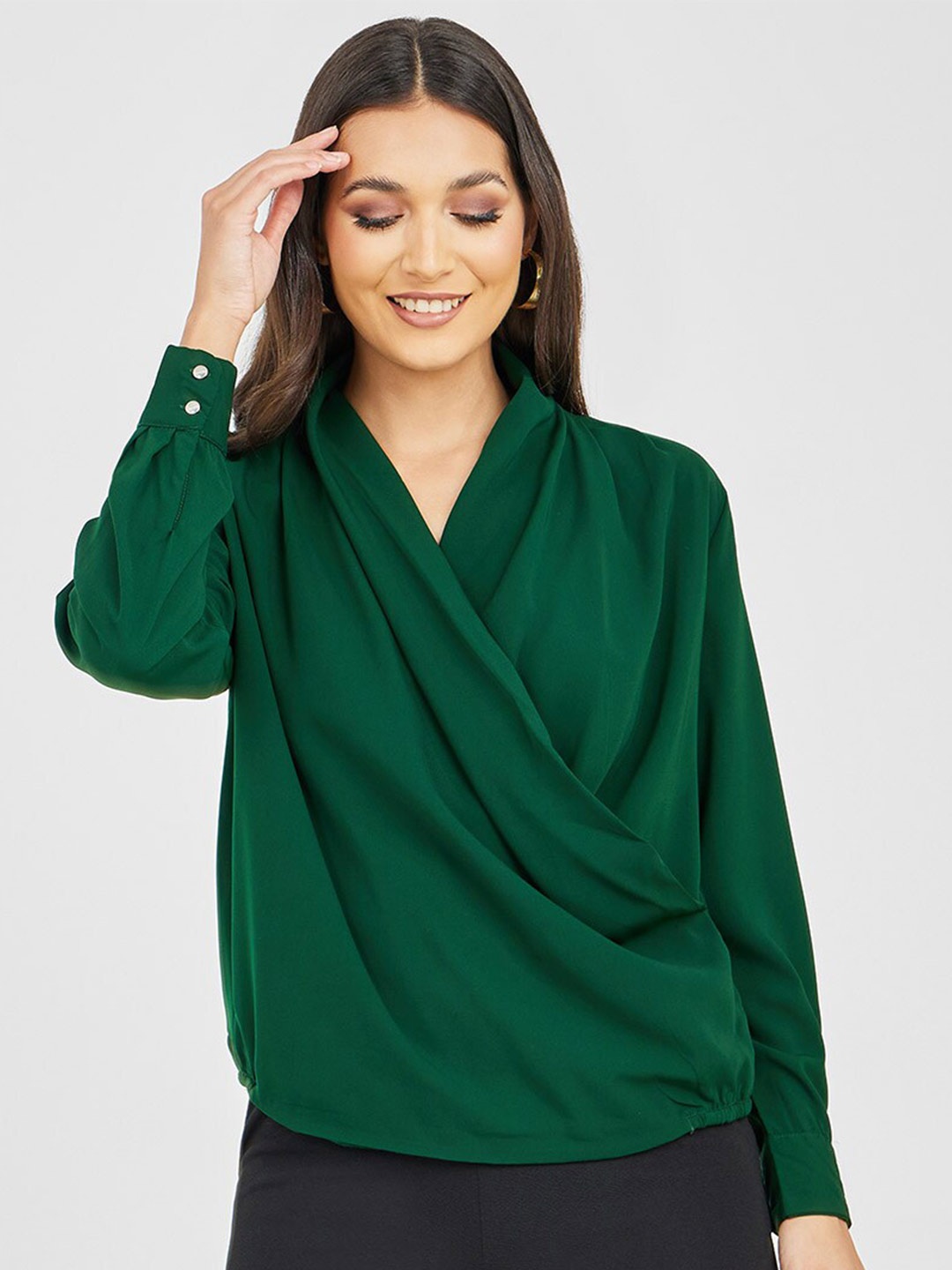 

Styli Green V-Neck Cuffed Sleeve Wrap Top