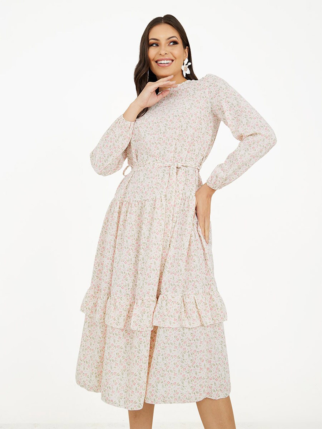 

Styli Ditsy Floral Print Fit & Flare Tiered Midi Dress with Belt, White