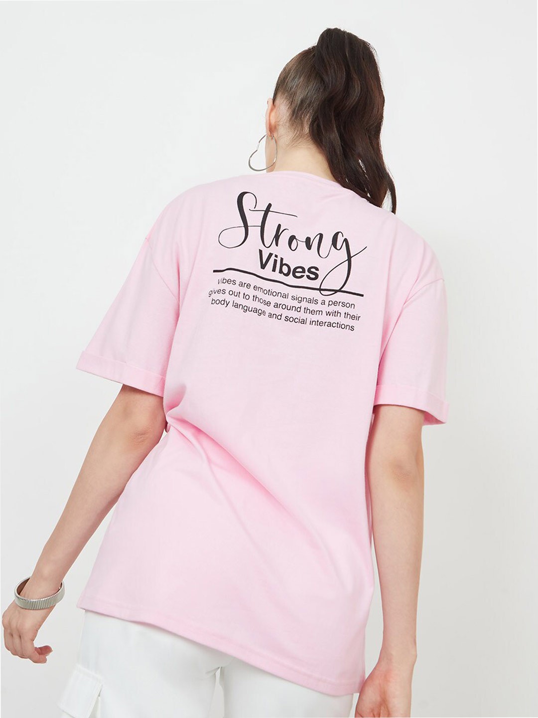 

Styli Strong Vibes Typography Back Print Oversized Longline T-shirt, Pink