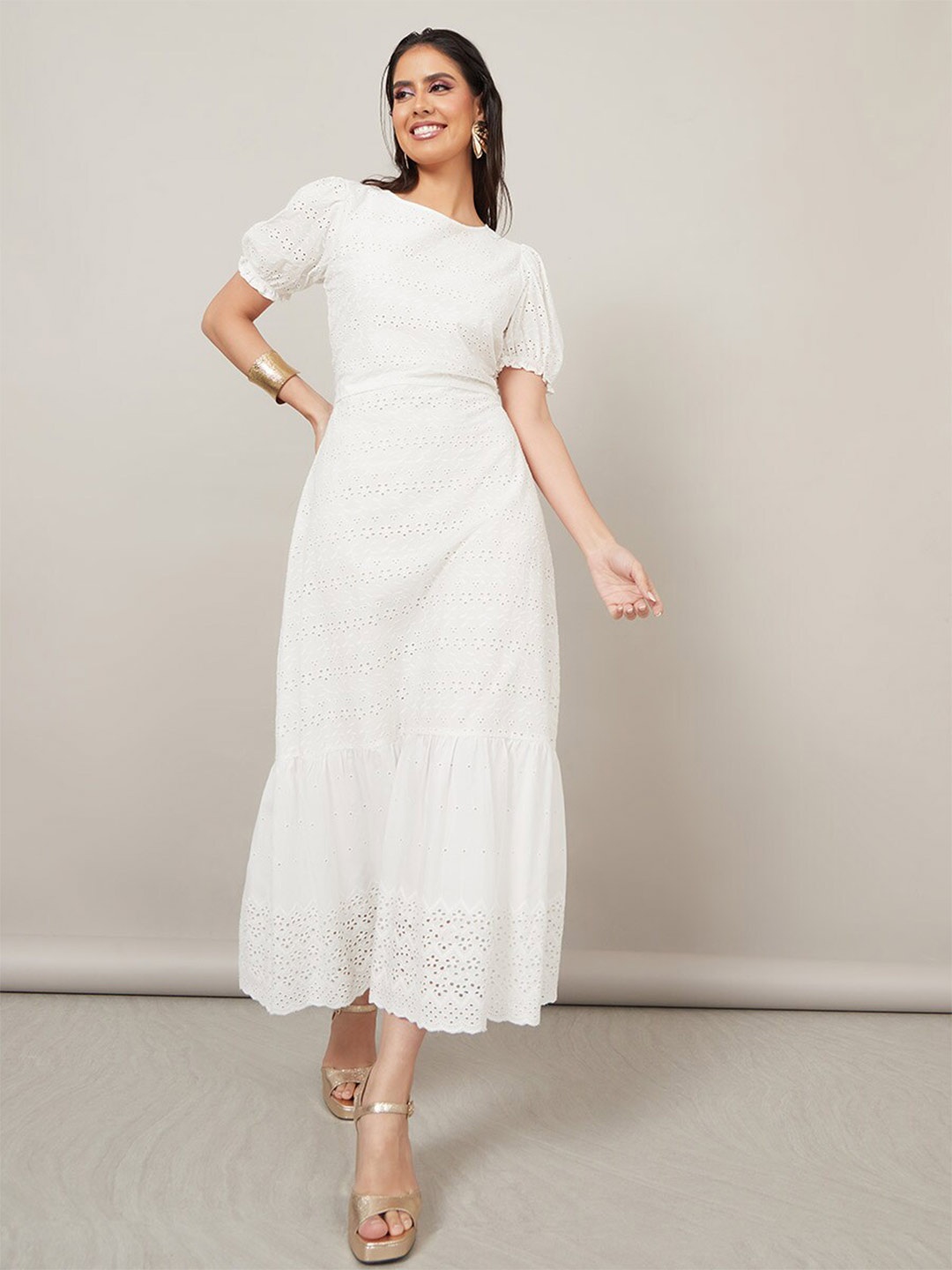 

Styli Self Design Puff Sleeves Schiffli Tiered Midi Dress, White