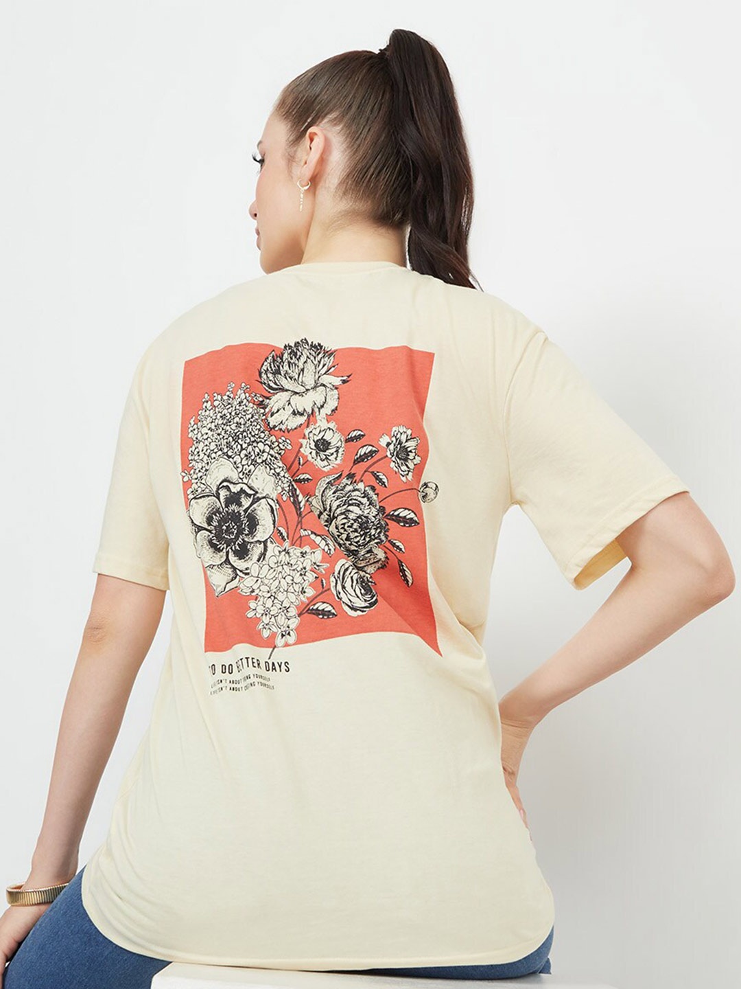 

Styli Better Days Graphic Printed Cotton Oversized Fit Longline T-shirt, Cream