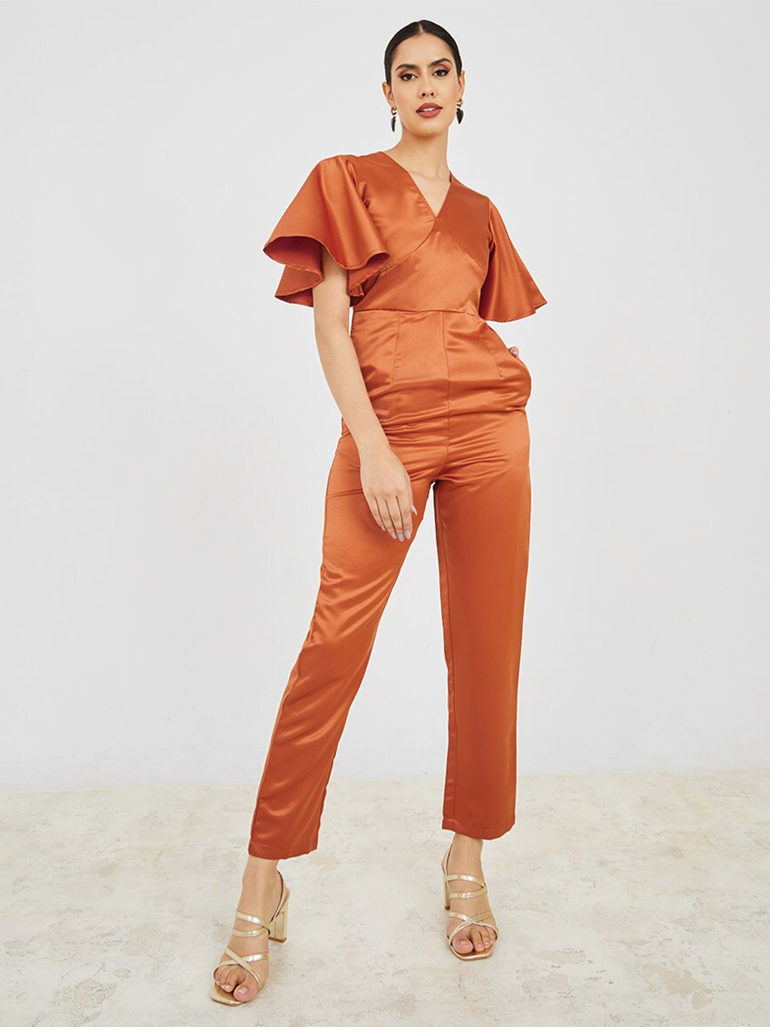 

Styli Flared Sleeves Tapered Basic Jumpsuit, Brown