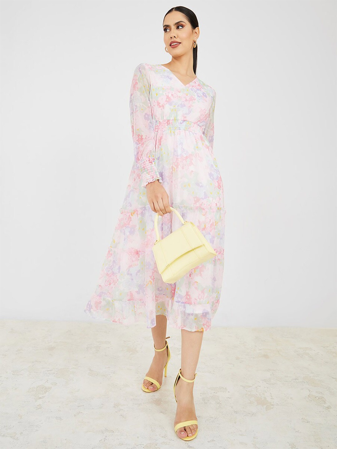 

Styli Floral Print Puff Sleeve Gathered Waist Tiered Fit & Flare Midi Dress, White