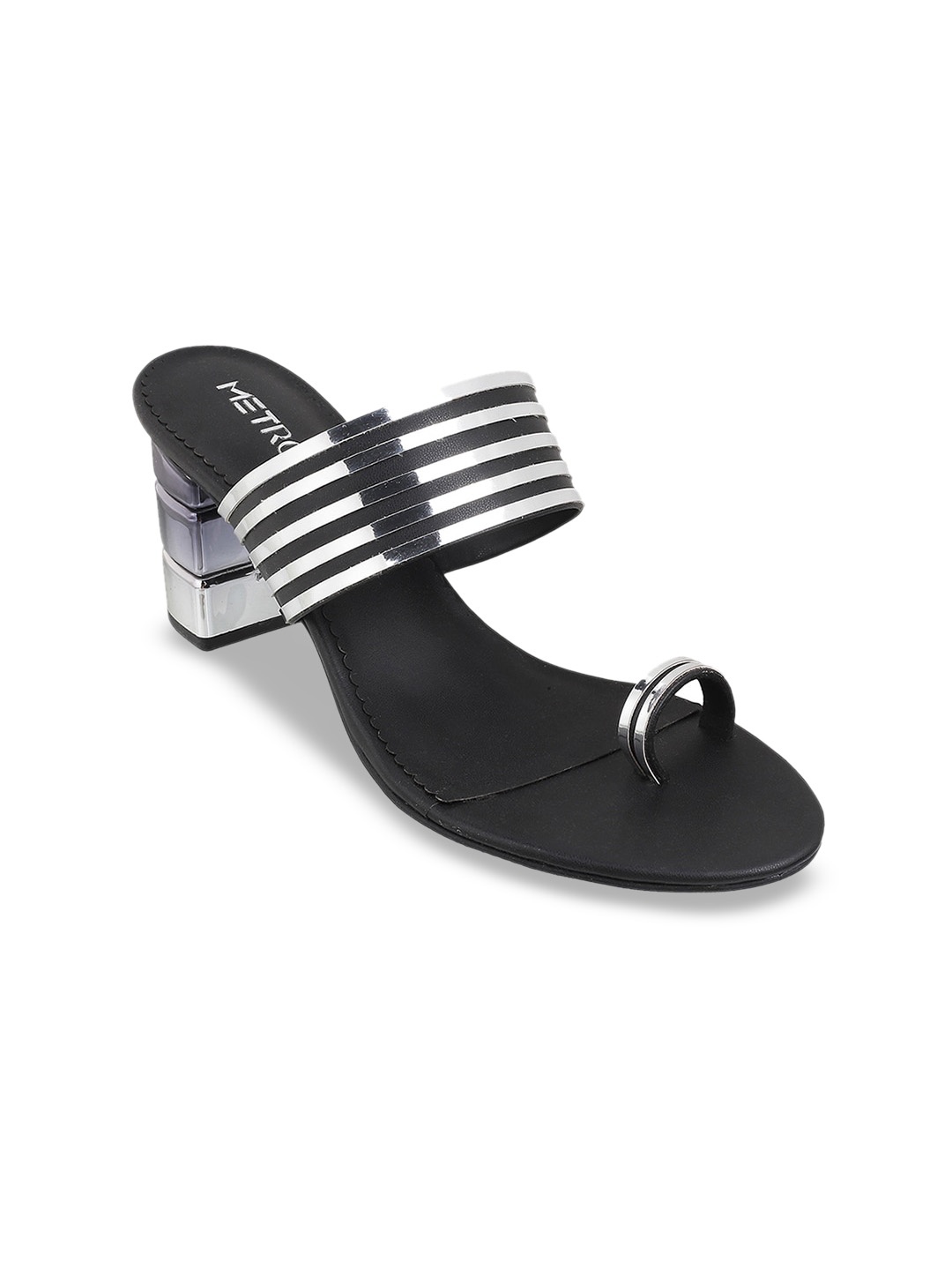 

Metro Striped Open One Toe Block Heels, Black