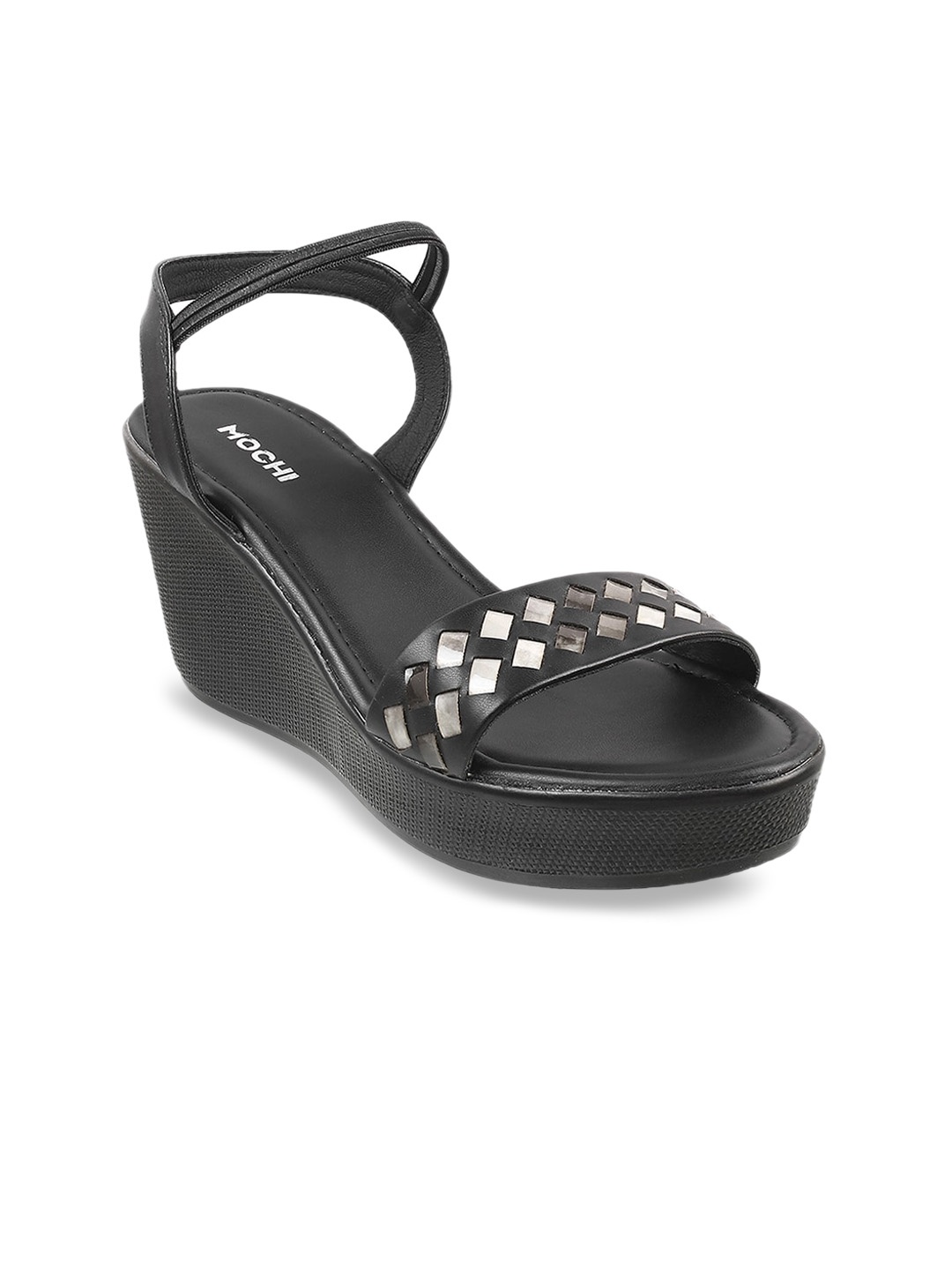 

Mochi Open Toe Textured Wedge Heels, Black