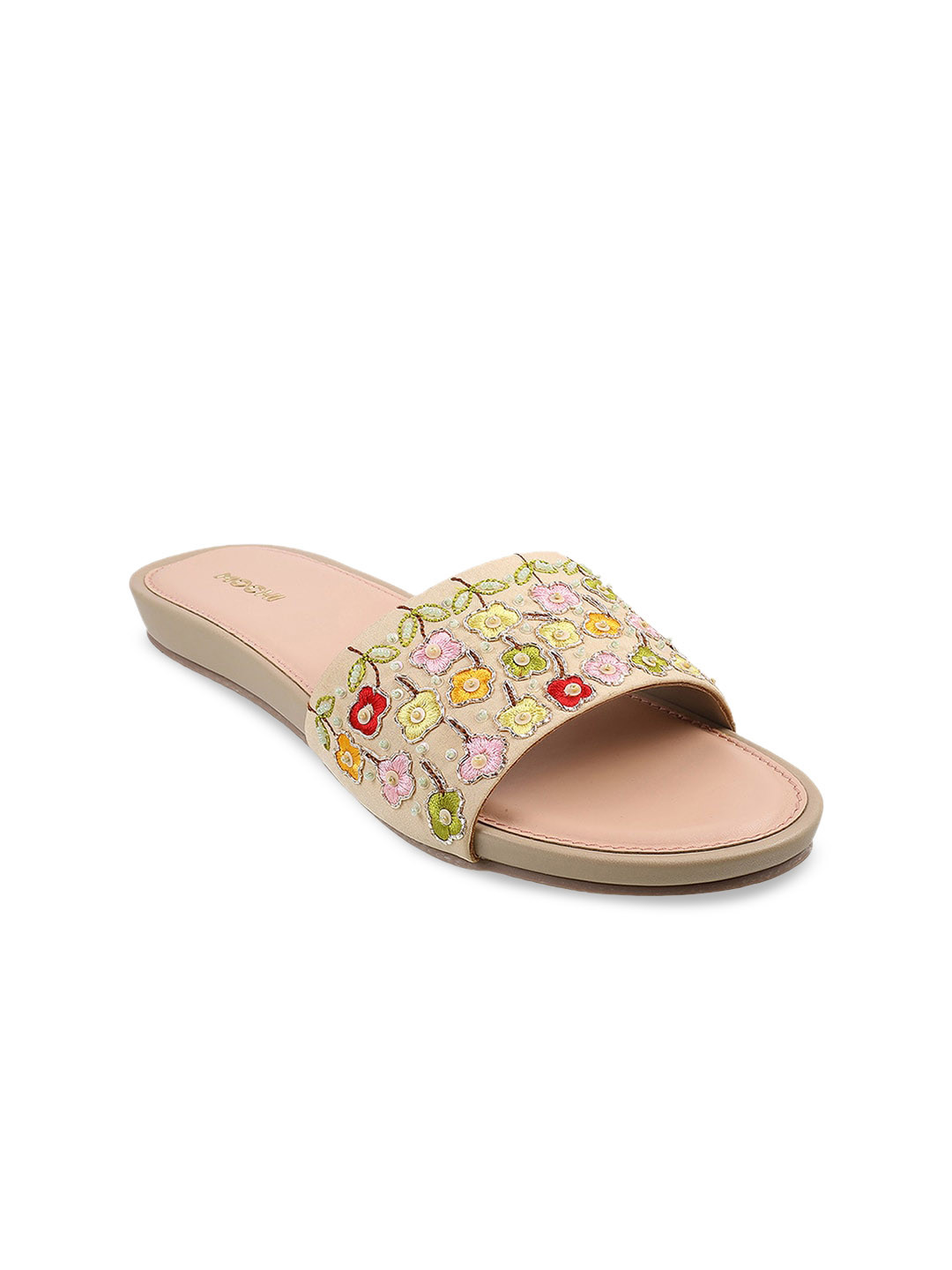 

Mochi Embroidered Open Toe Flats, Beige