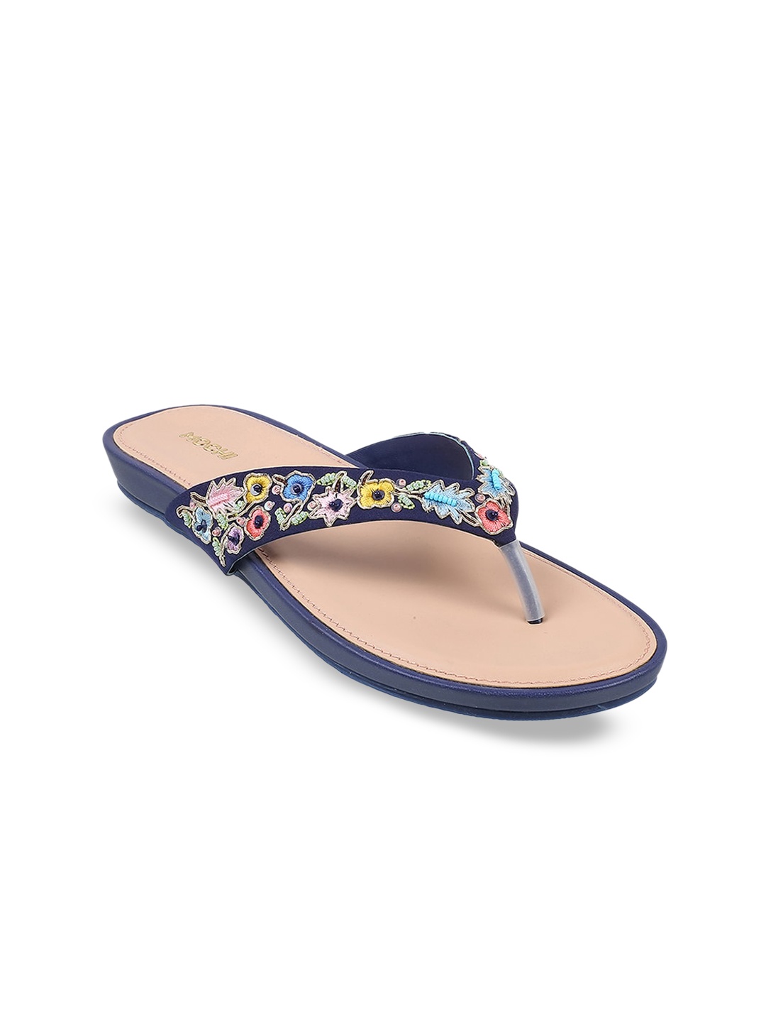 

Mochi Embroidered T-Strap Flats, Navy blue