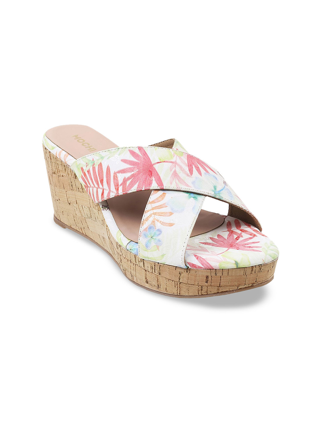 

Mochi Cross Strap Printed Open Toe Wedges, Green