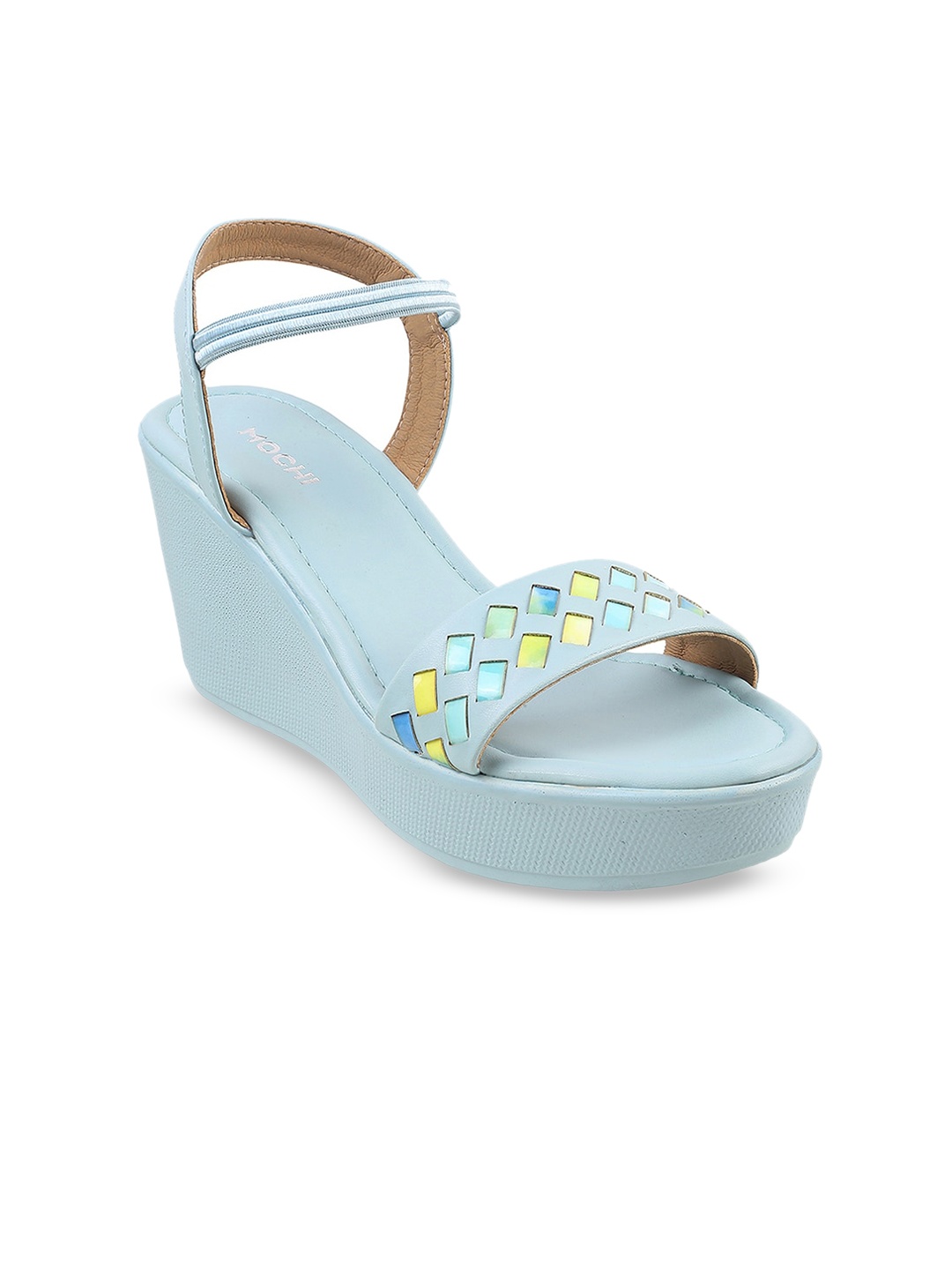 

Mochi Textured Open Toe Wedges With Backstrap, Blue