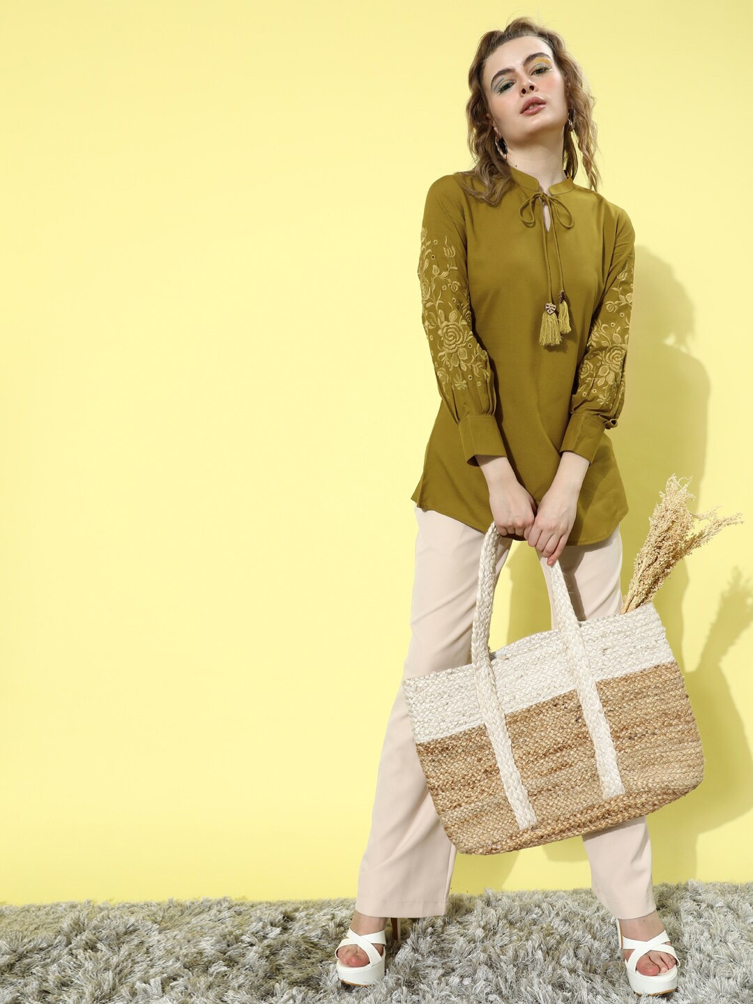 

DressBerry Floral Emboidered Tie Up Neck Shirt Style Top, Olive