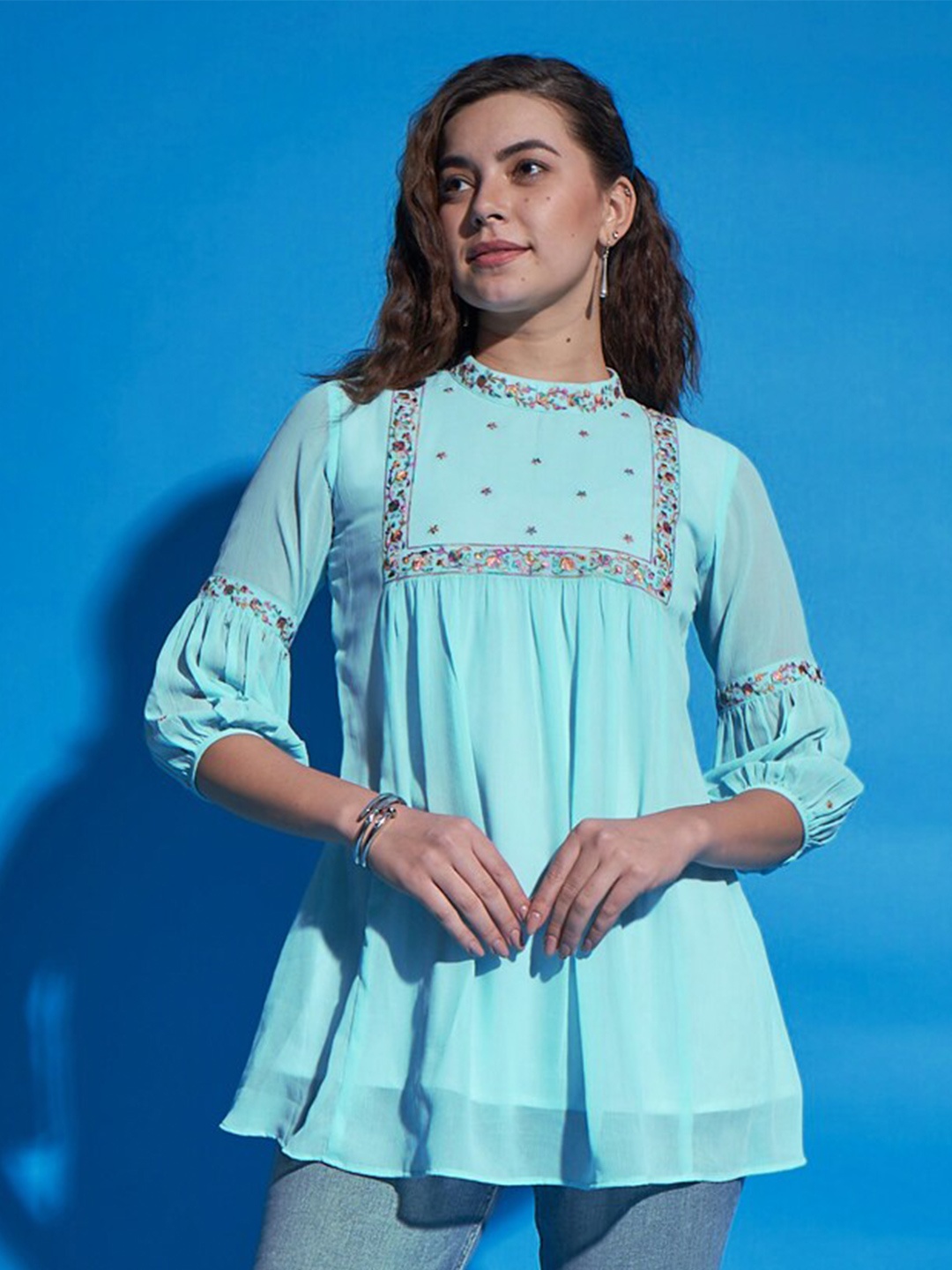

DressBerry Floral Embroidered High Neck Puff Sleeves Chiffon Empire Top, Blue