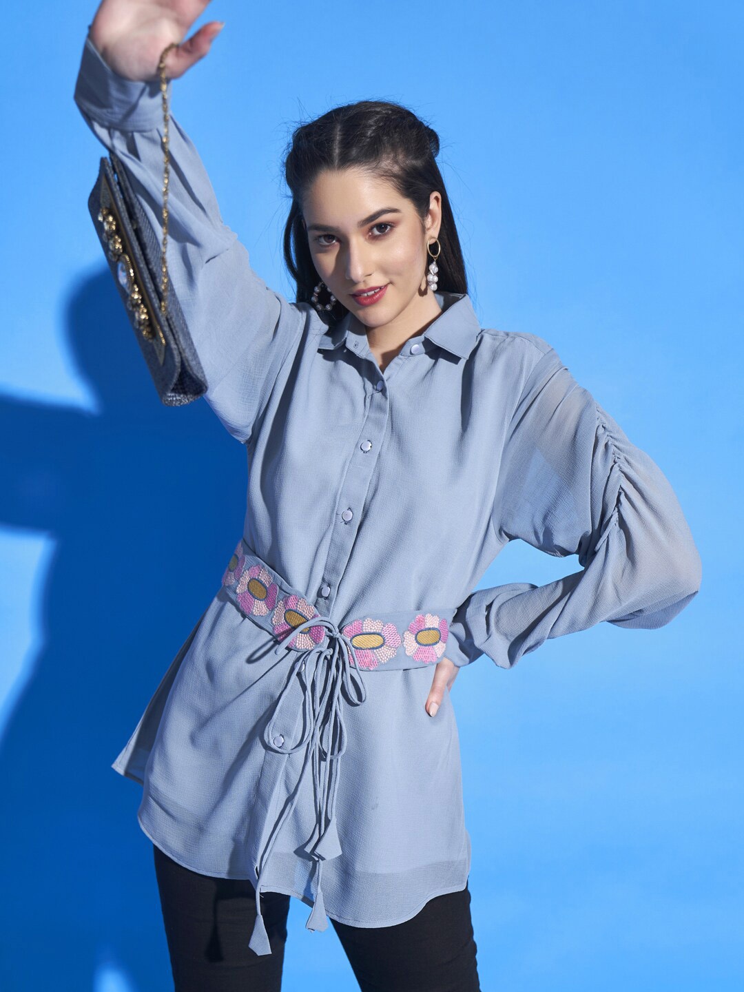 

DressBerry Cuffed Sleeves Shirt Style Longline Top Comes With Belt, Blue