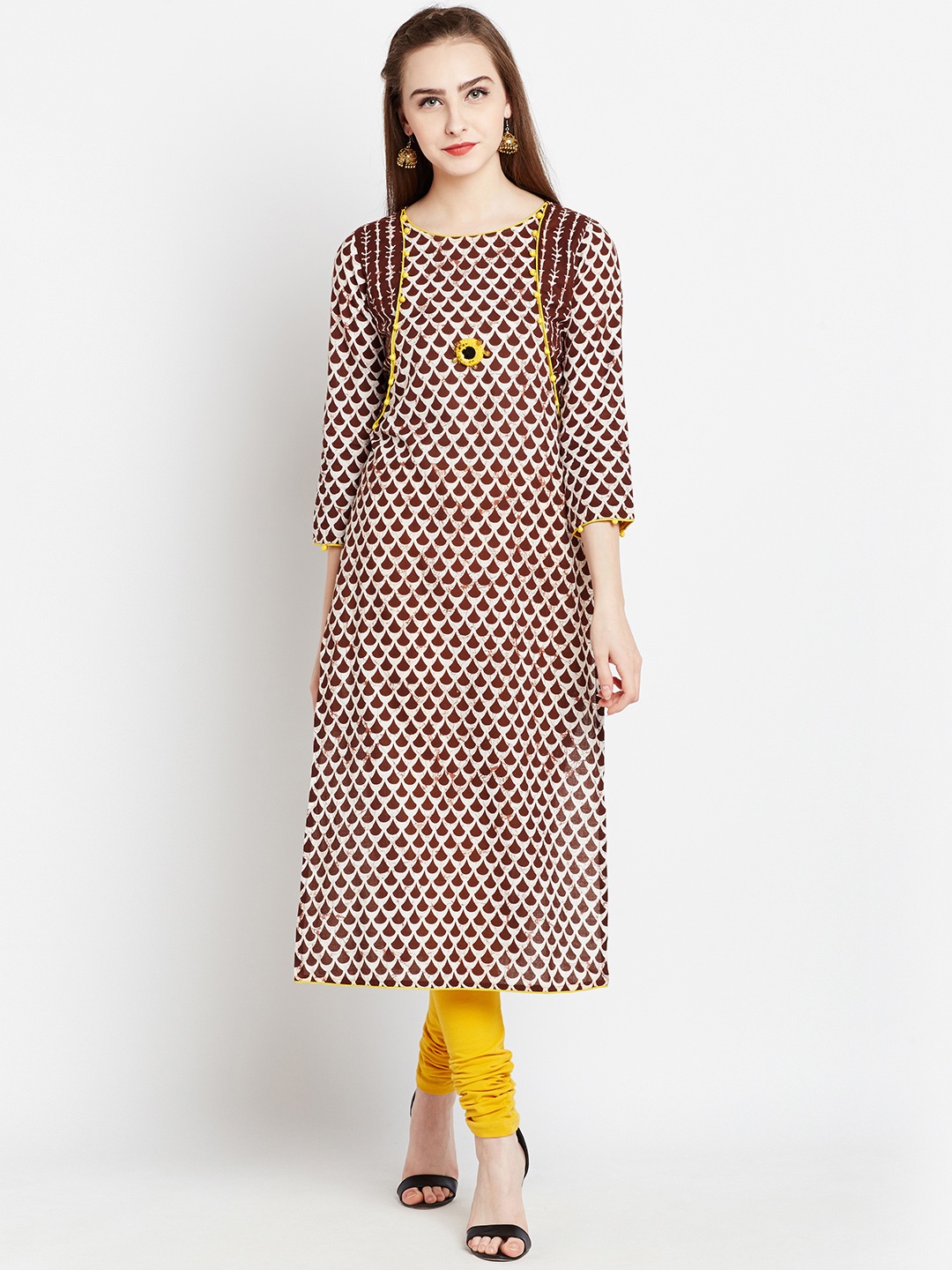 

AgrohA Women Brown & Off-White Printed A-Line Kurta