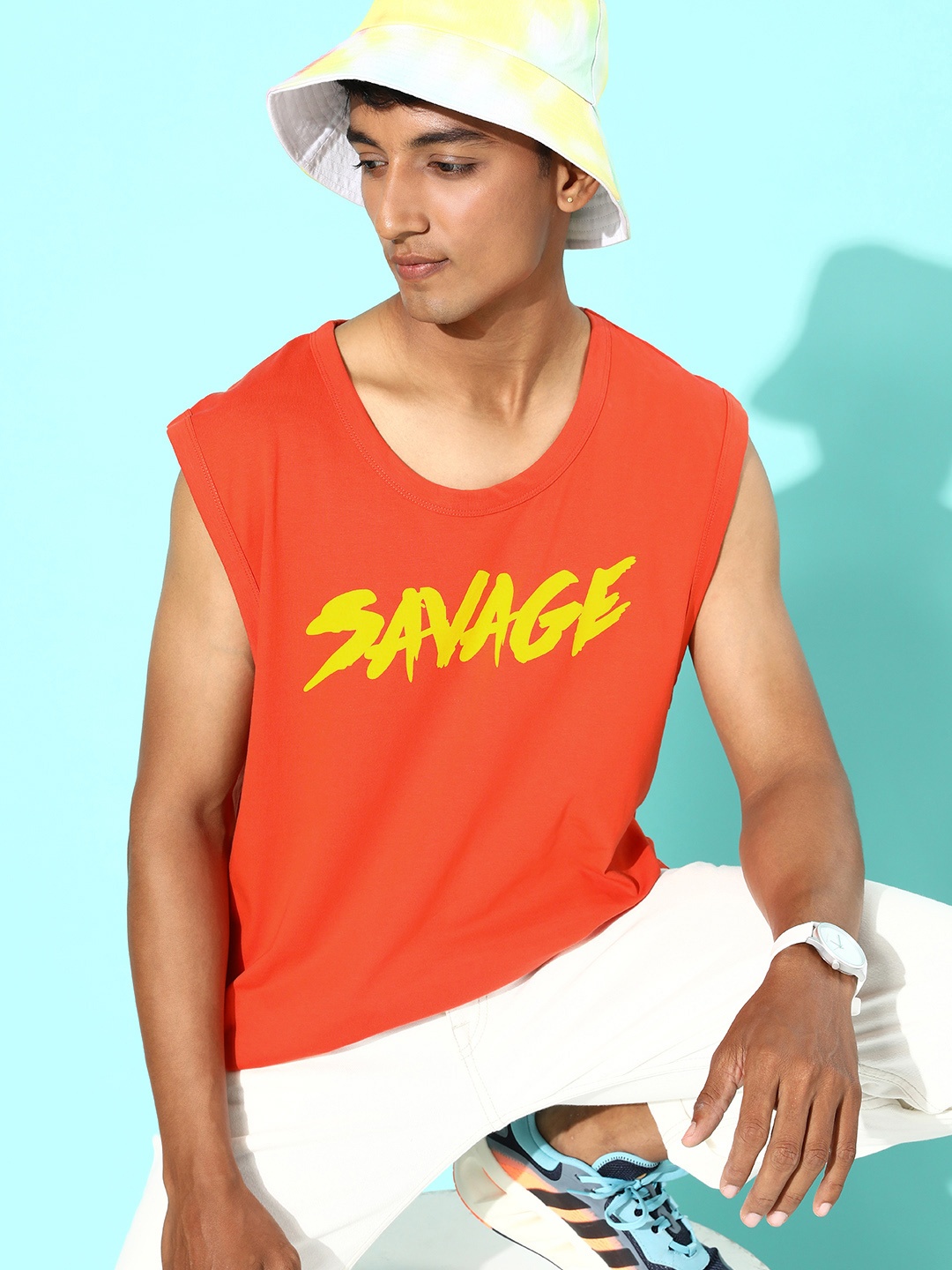 

Difference of Opinion Men Orange & Yellow Typography Printed Pure Cotton Oversize T-shirt