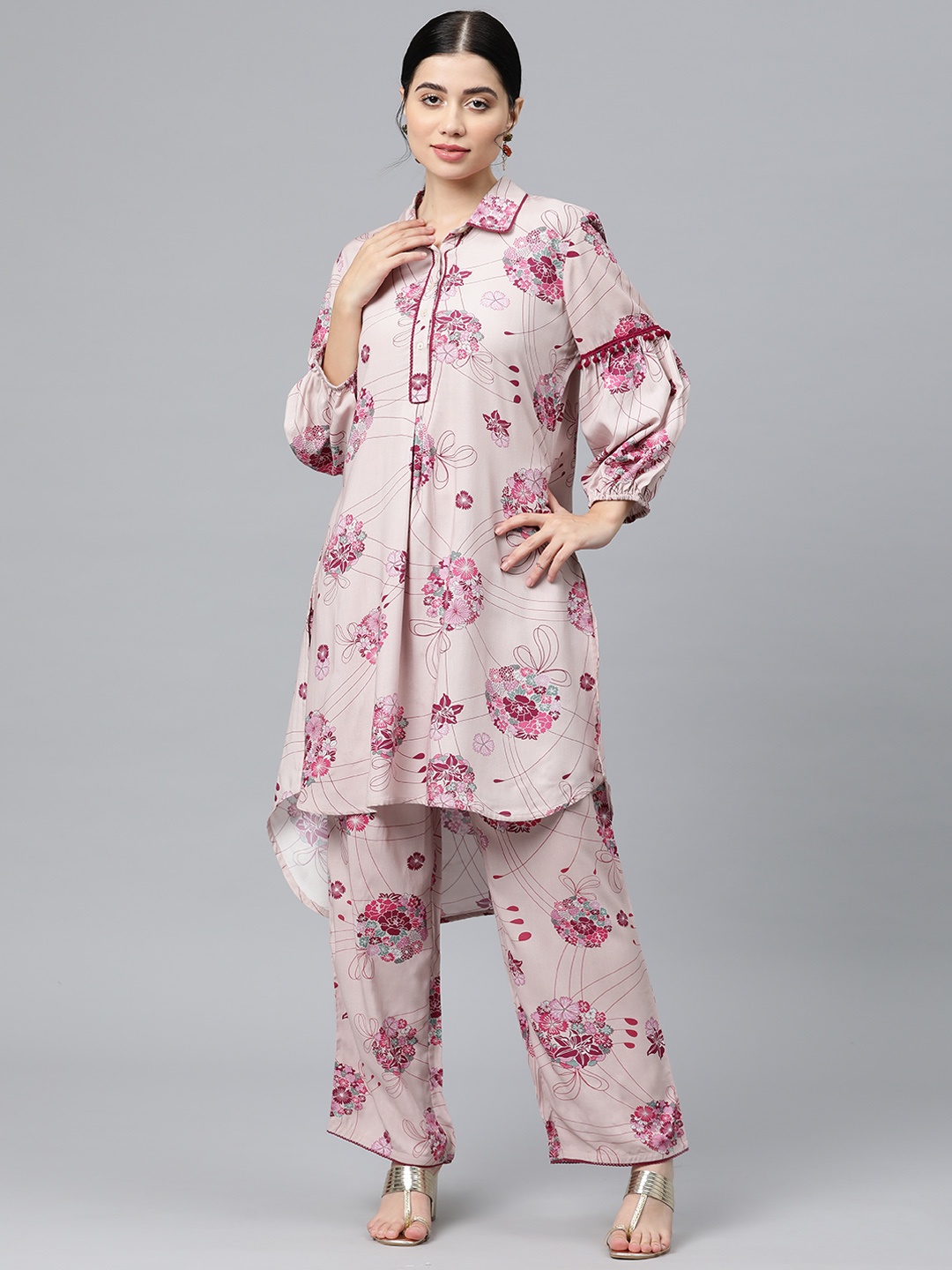 

Nayam By Lakshita Women Floral Printed Pleated Fusion Pathani Kurta with Trousers, Pink