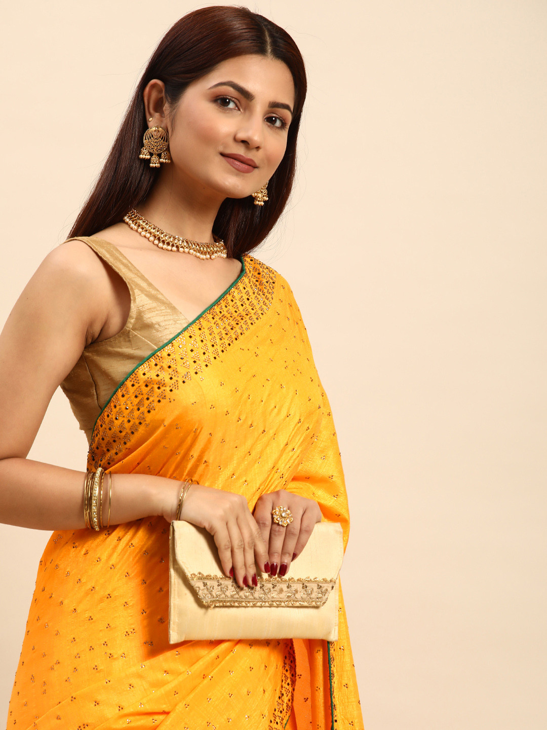 

M M Venture Embellished Stones-Studded Pure Silk Saree, Yellow