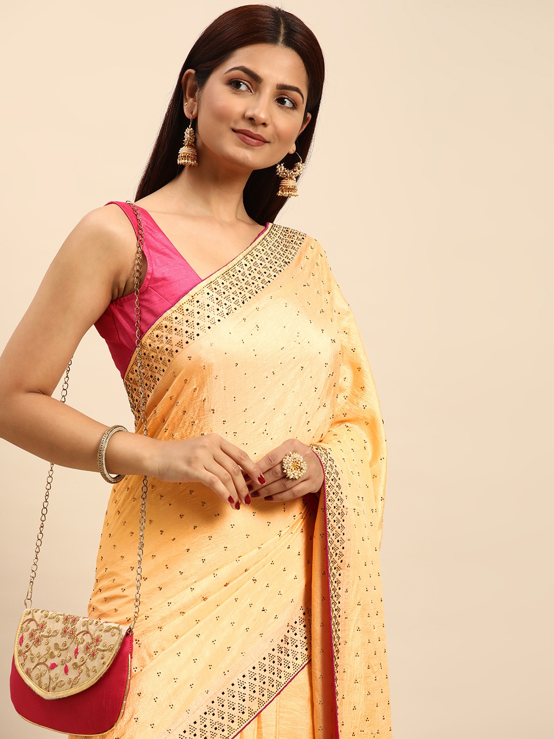 

M M Venture Embellished Beads and Stones Pure Silk Designer Saree, Beige