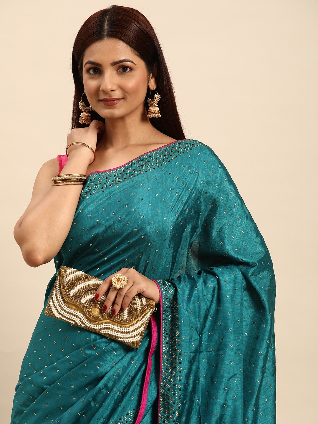 

M M Venture Embellished Stones-Studded Pure Silk Saree, Turquoise blue