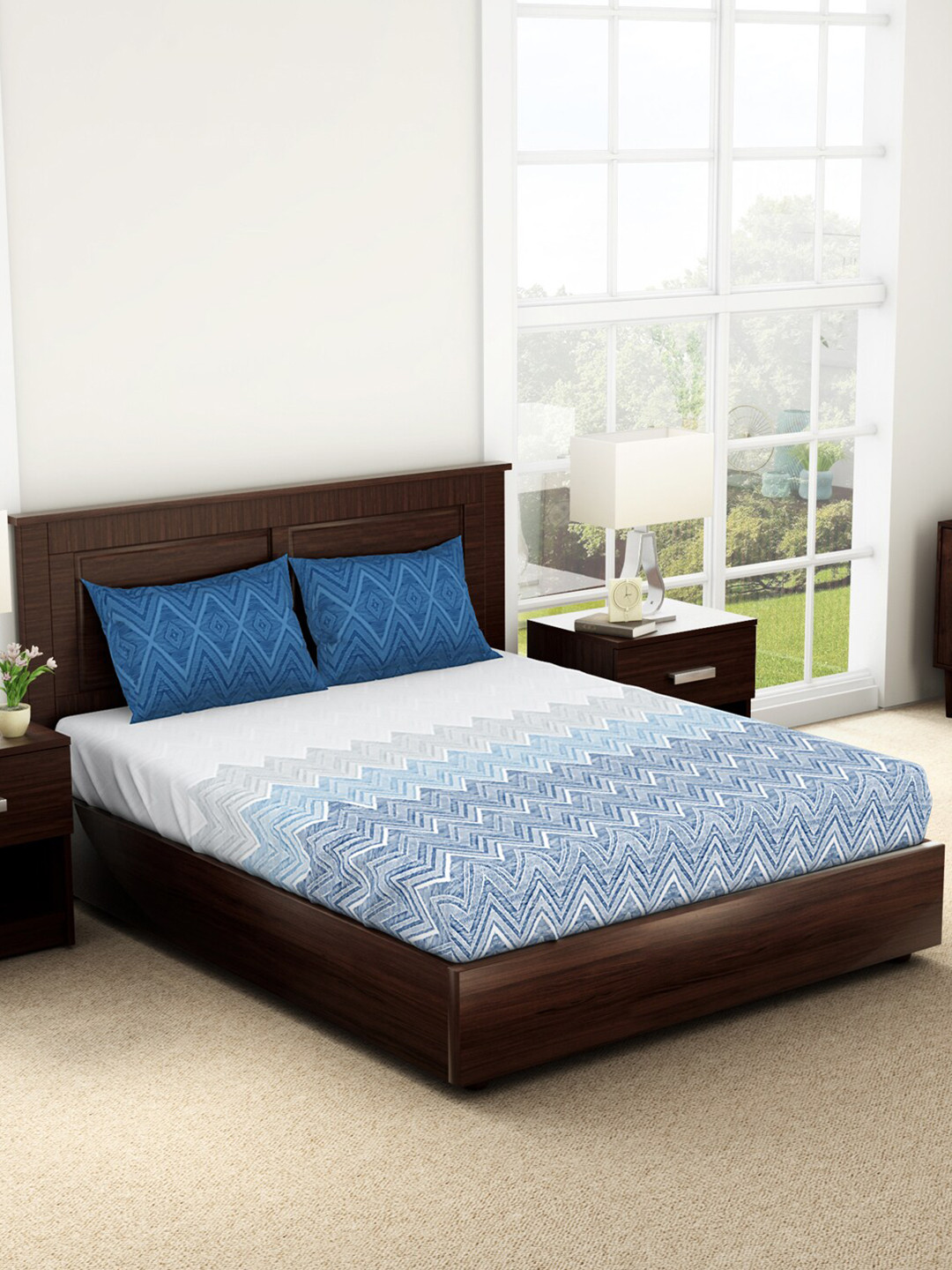 

SPACES Geostance Navy Blue Geometric 144 TC Pure Cotton Queen Bedsheet & 2 Pillow Covers
