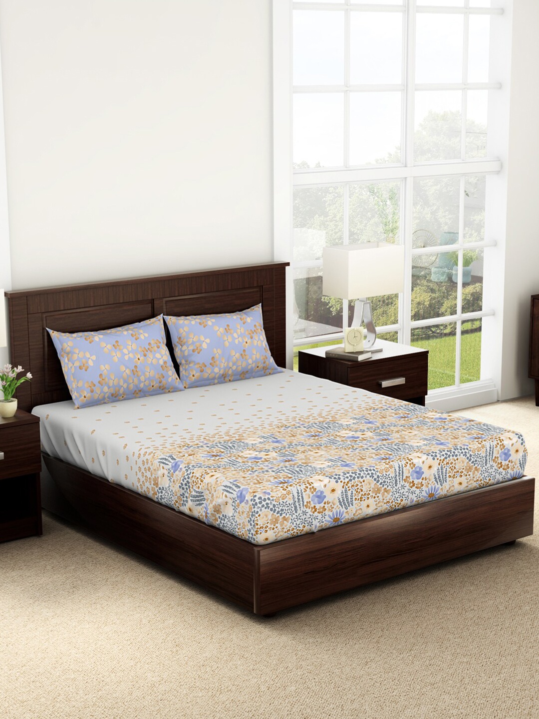 

SPACES Brown & Lavender Floral 144 TC Pure Cotton Queen Bedsheet with 2 Pillow Covers