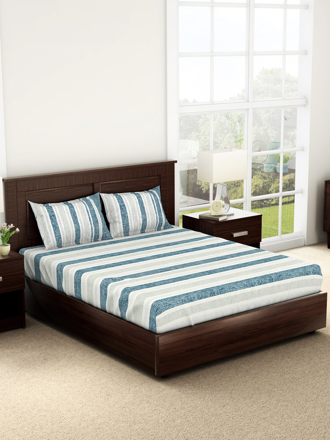 

SPACES Geostance Teal & White Striped 144 TC Pure Cotton Queen Bedsheet & 2 Pillow Covers