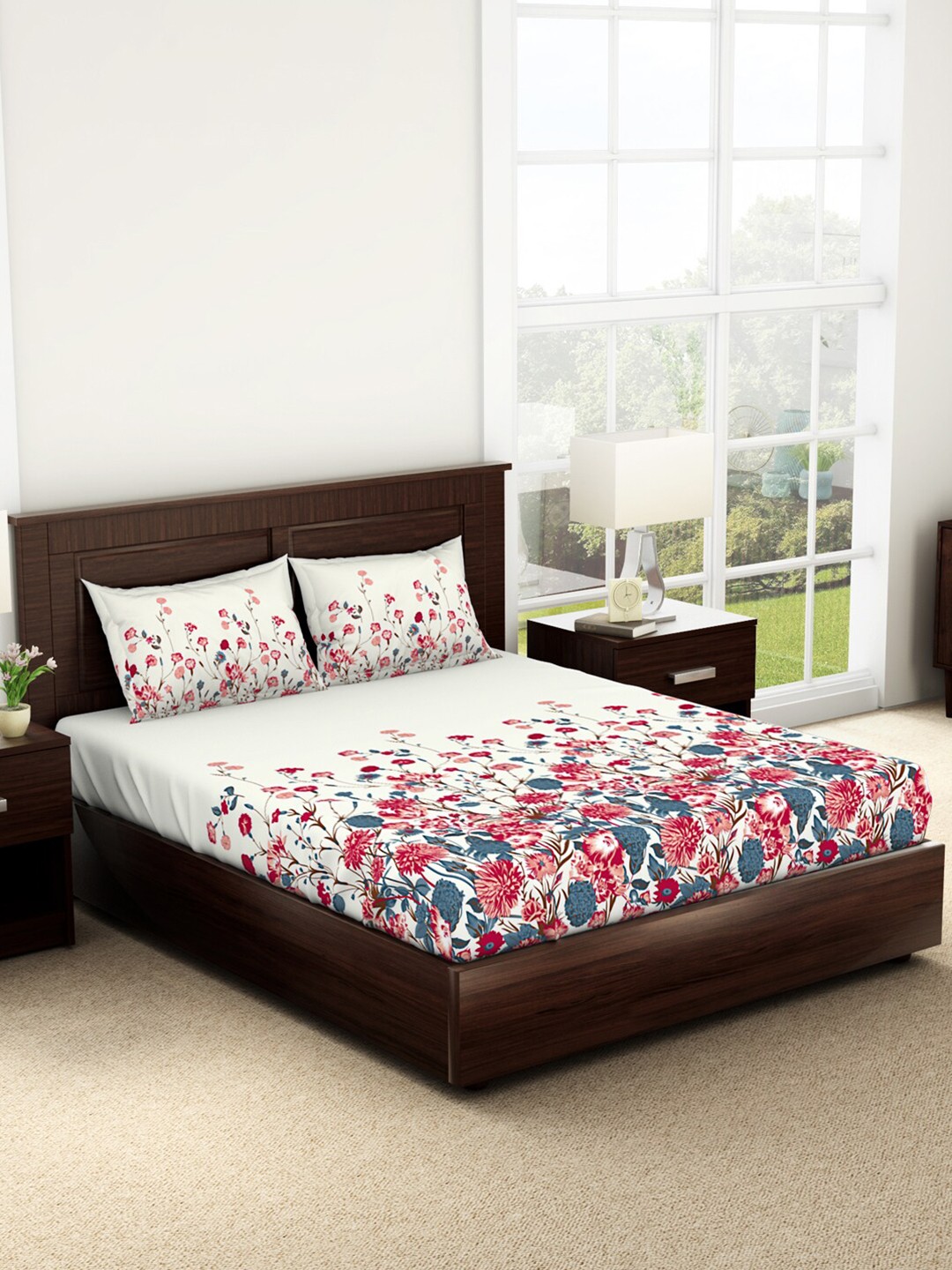 

SPACES Cream-Coloured & Red Floral 144 TC Pure Cotton Queen Bedsheet with 2 Pillow Covers