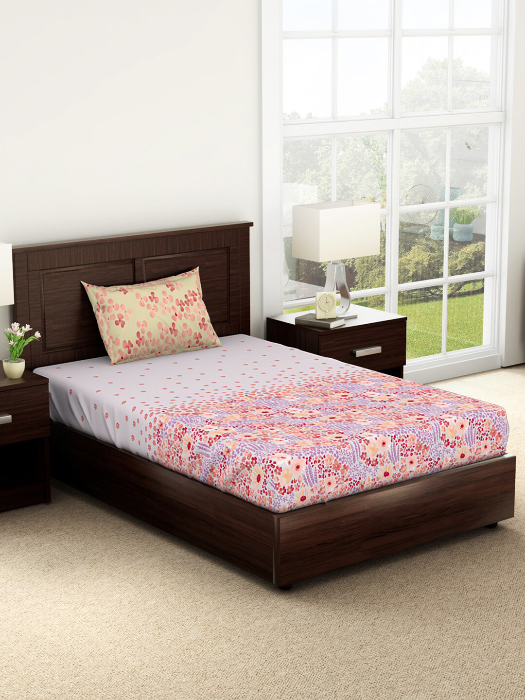 

SPACES Bonica Violet & Pink Printed 144 TC Pure Cotton Single Bedsheet & Pillow Cover