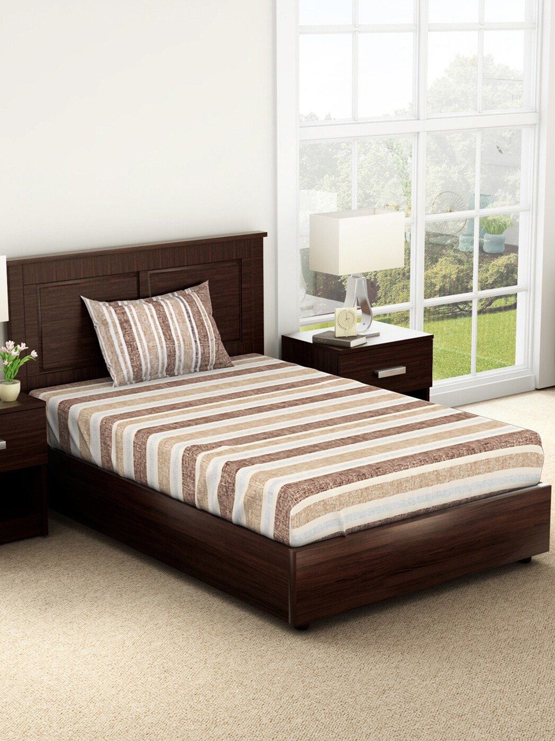 

SPACES Geostance Brown & White Striped 144 TC Pure Cotton Single Bedsheet & 1 Pillow Cover