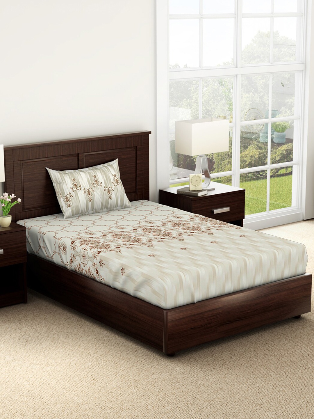 

SPACES Taupe Ethnic Motifs 144 TC Pure Cotton Single Bedsheet with 1 Pillow Cover
