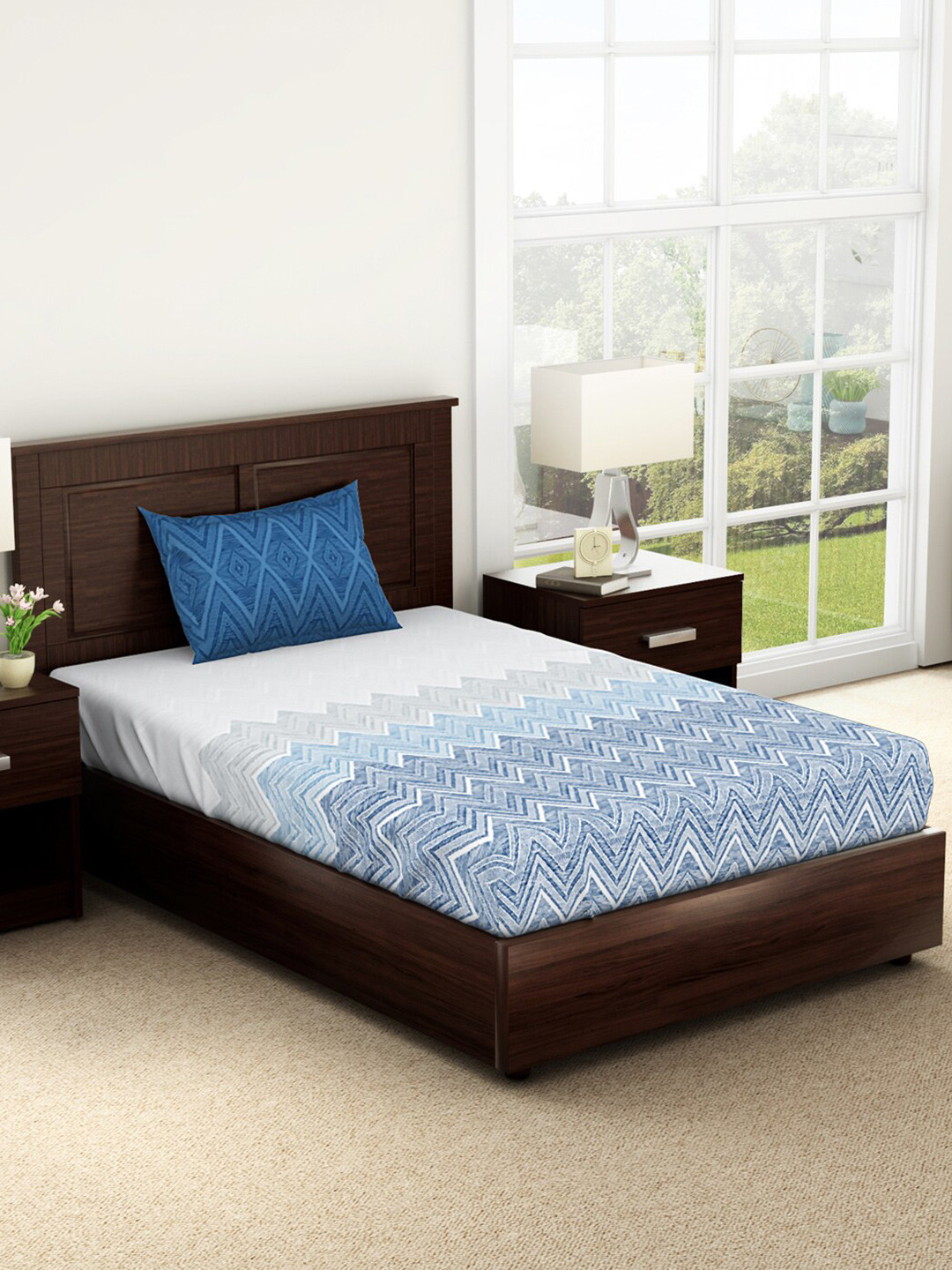 

SPACES Geostance Navy Blue Printed 144 TC Pure Cotton Single Bedsheet & Pillow Cover