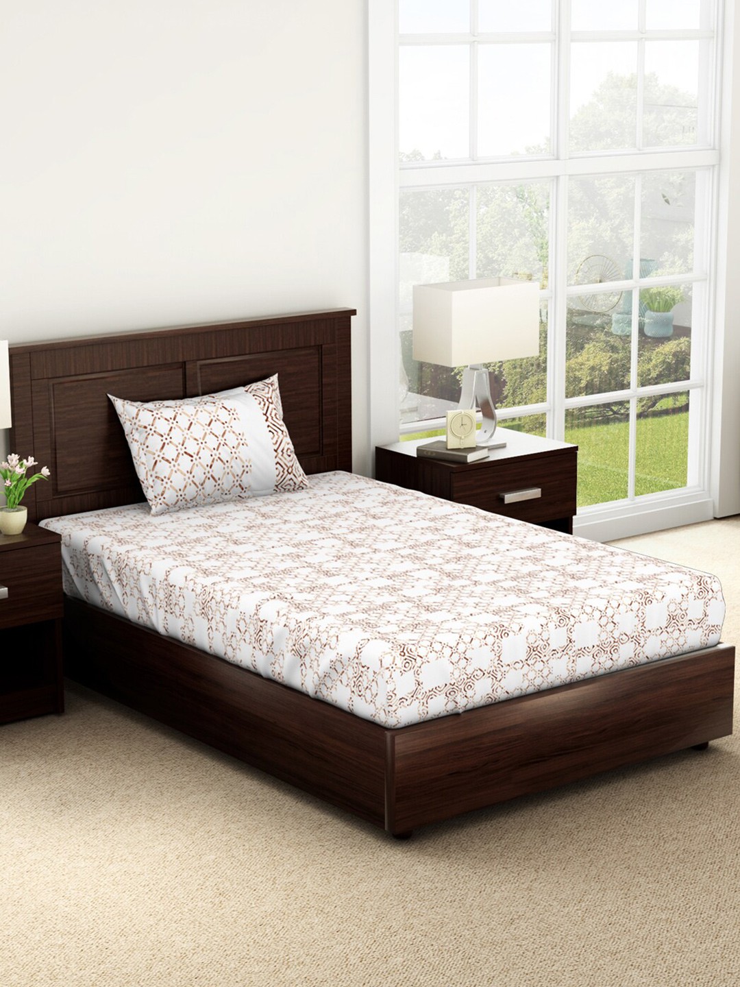 

SPACES Brown & White Geometric 144 TC Pure Cotton Single Bedsheet with 1 Pillow Cover