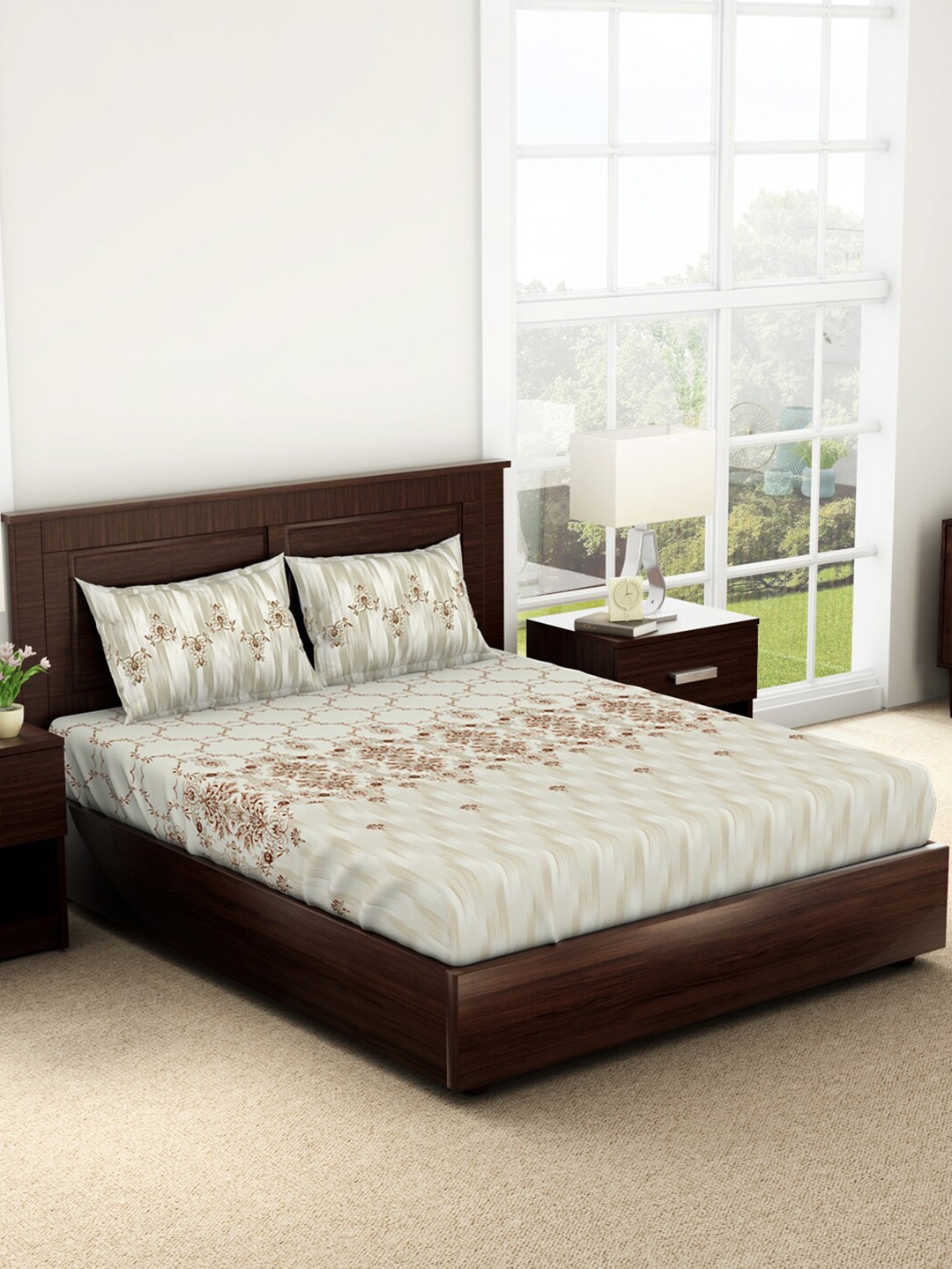 

SPACES Reagalis Taupe Ethnic Motifs 144 TC Pure Cotton Queen Bedsheet & 2 Pillow Covers