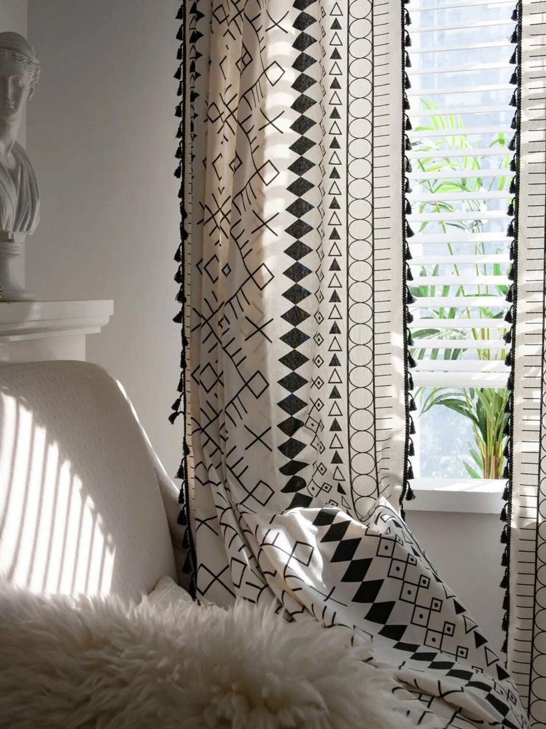 

Huesland White & Black Geometric Printed Cotton Room Darkening Window Curtain