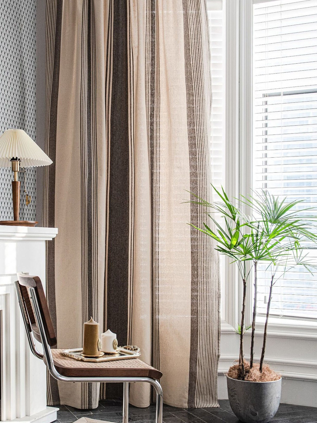 

Huesland Beige 1 Piece Striped Room Cotton Darkening Long Door Curtain
