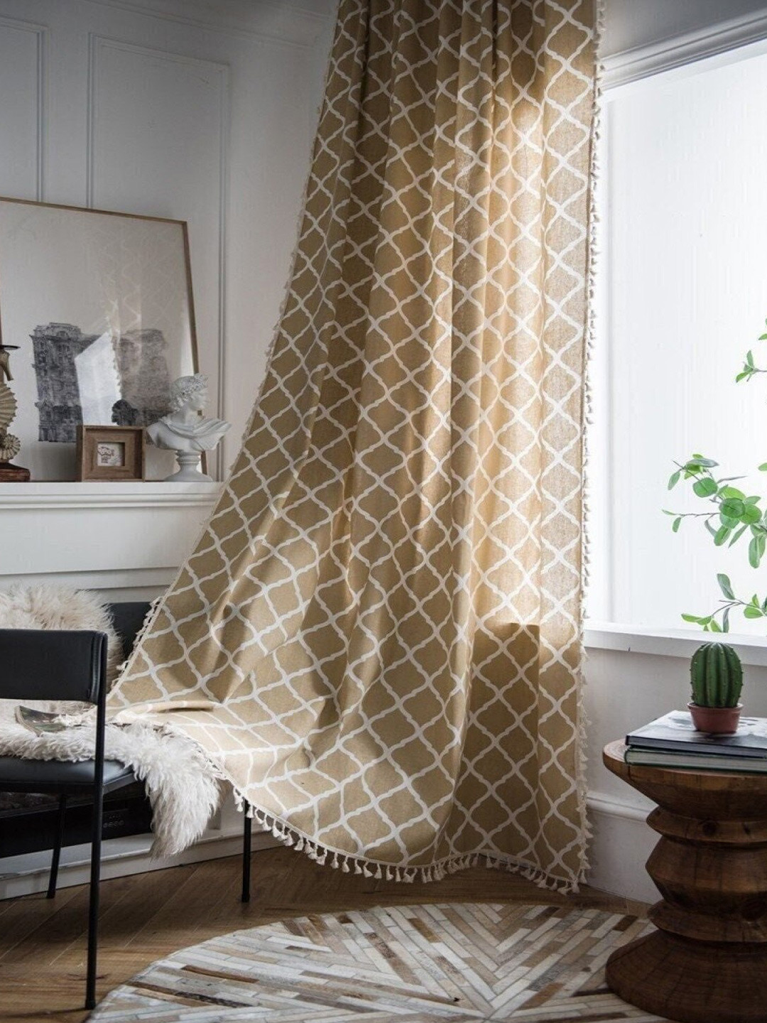 

Huesland Brown & White 1 Piece Geometric Cotton Room Darkening Long Door Curtain