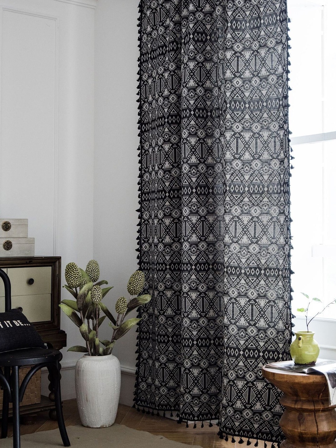 

Huesland Bohemian Black & White 1 Piece Geometric Cotton Room Darkening Window Curtain