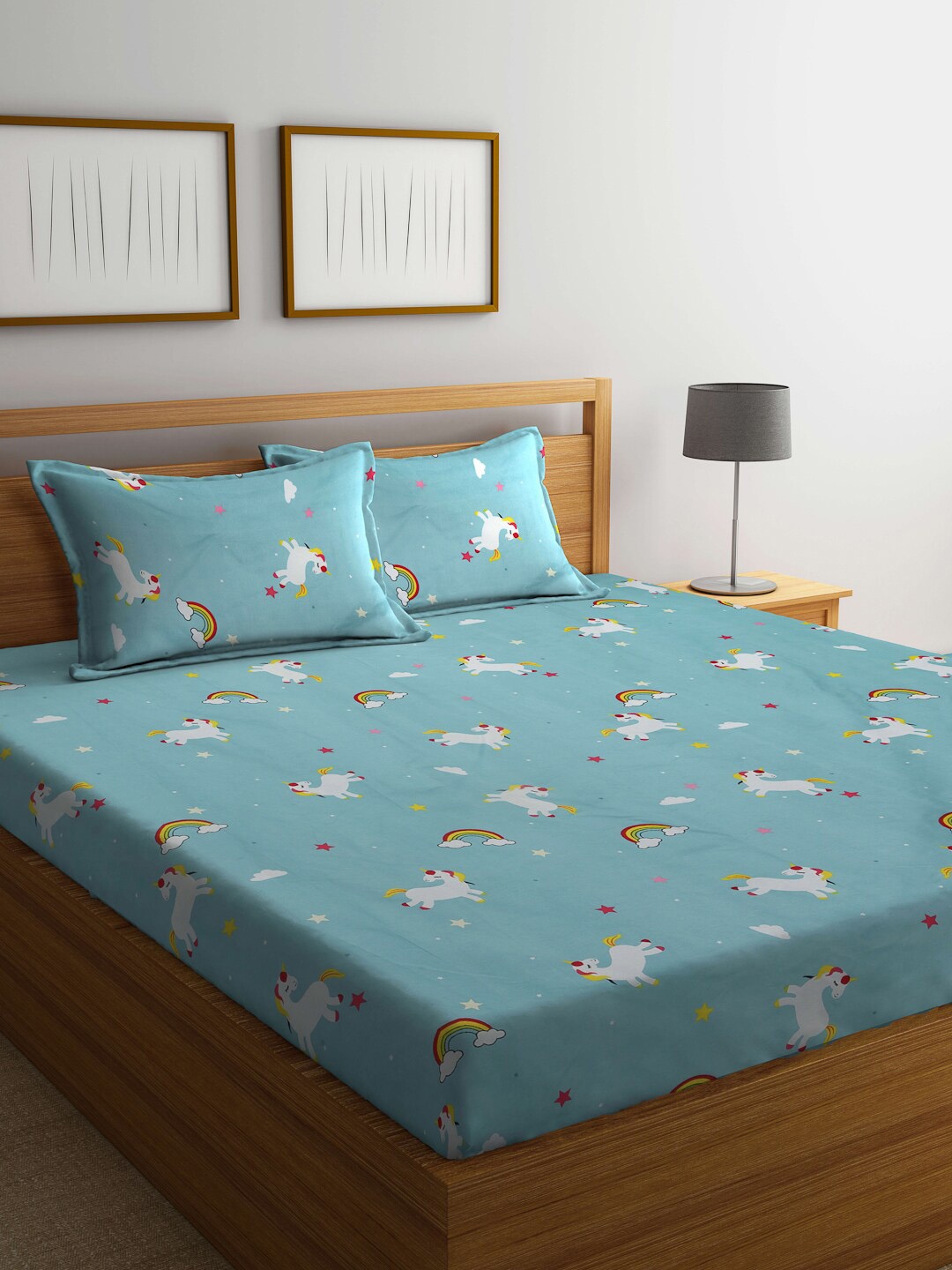 

KLOTTHE Blue Unicorn Printed 300 TC King Bedsheet With 2 Pillow Covers