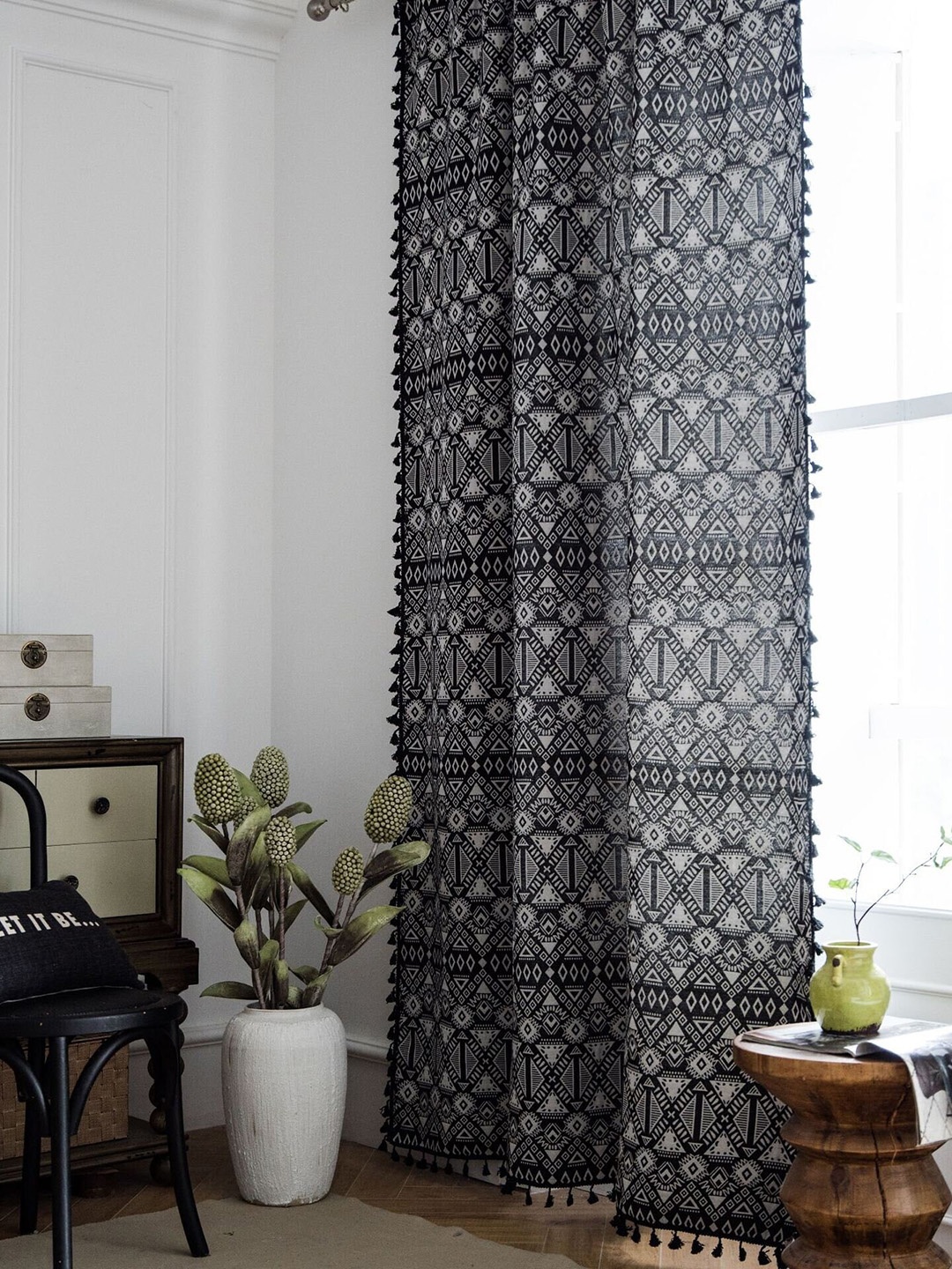 

Huesland Black & White Geometric Printed Room Darkening Long Door Curtain
