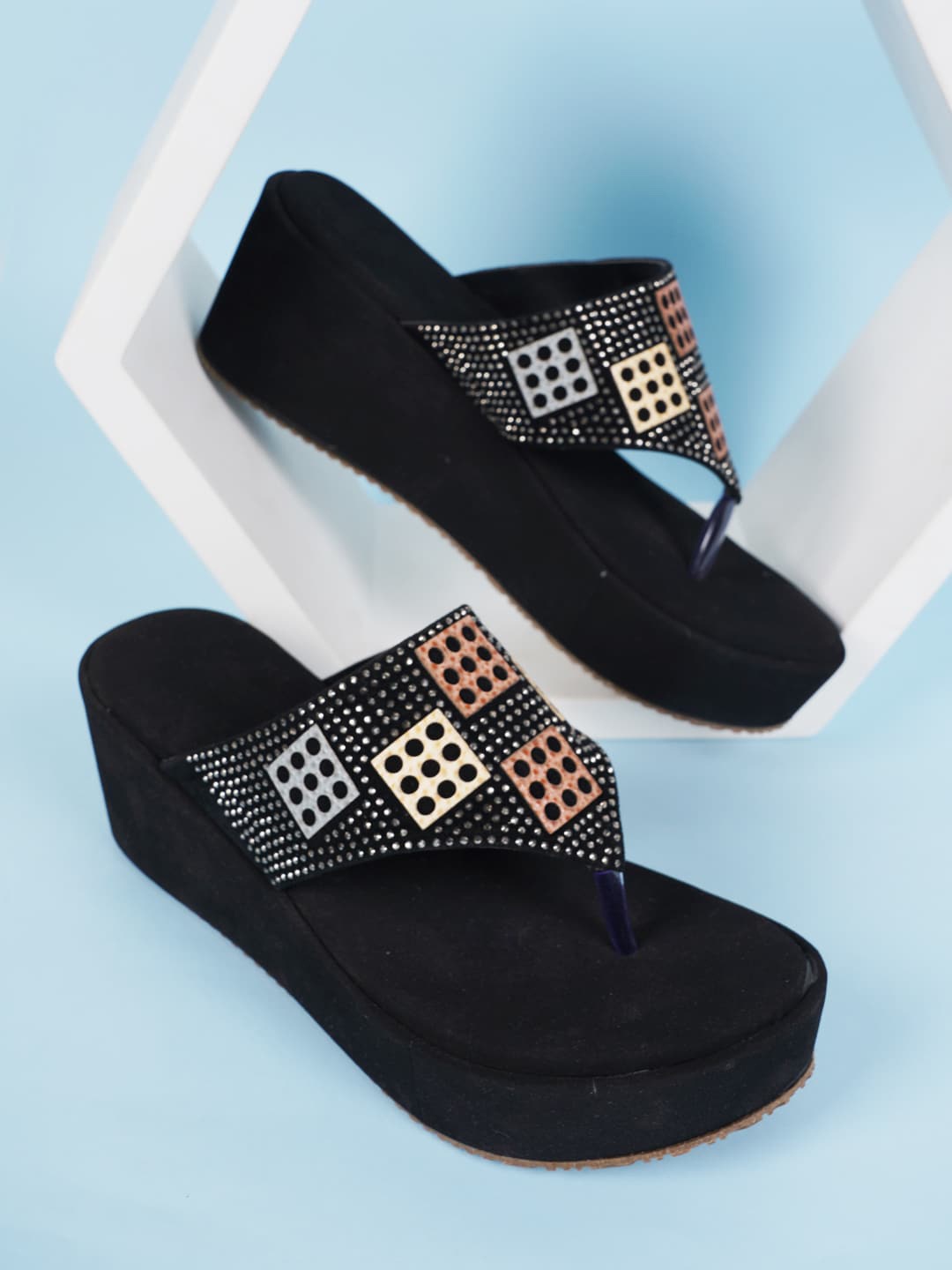 

Walkfree Embellished Suede Open Toe Wedges, Black